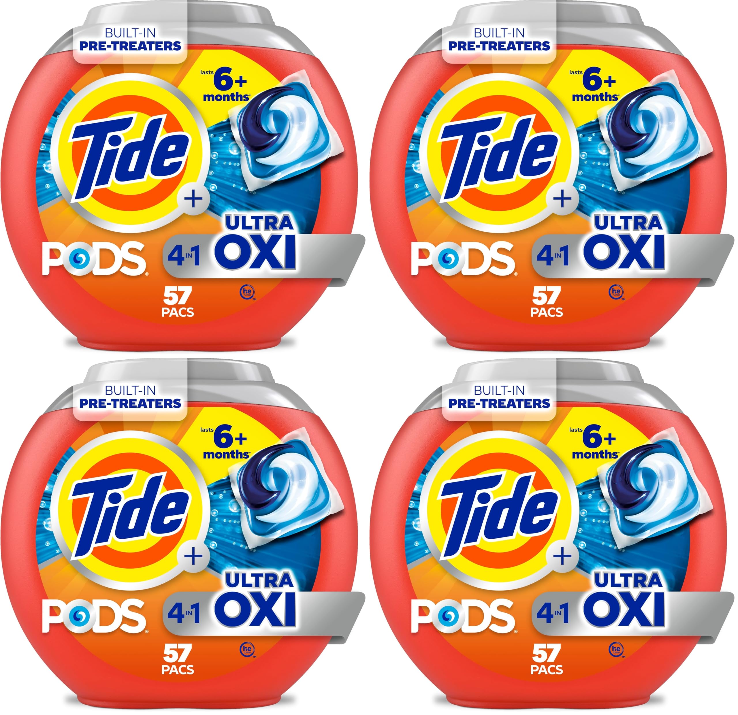 Tide 4-n-1 Ultra Oxi PODS Laundry Detergent Pacs, HE Compatible, Built in Pre-treater for Stains, 57 Count (Pack of 4)