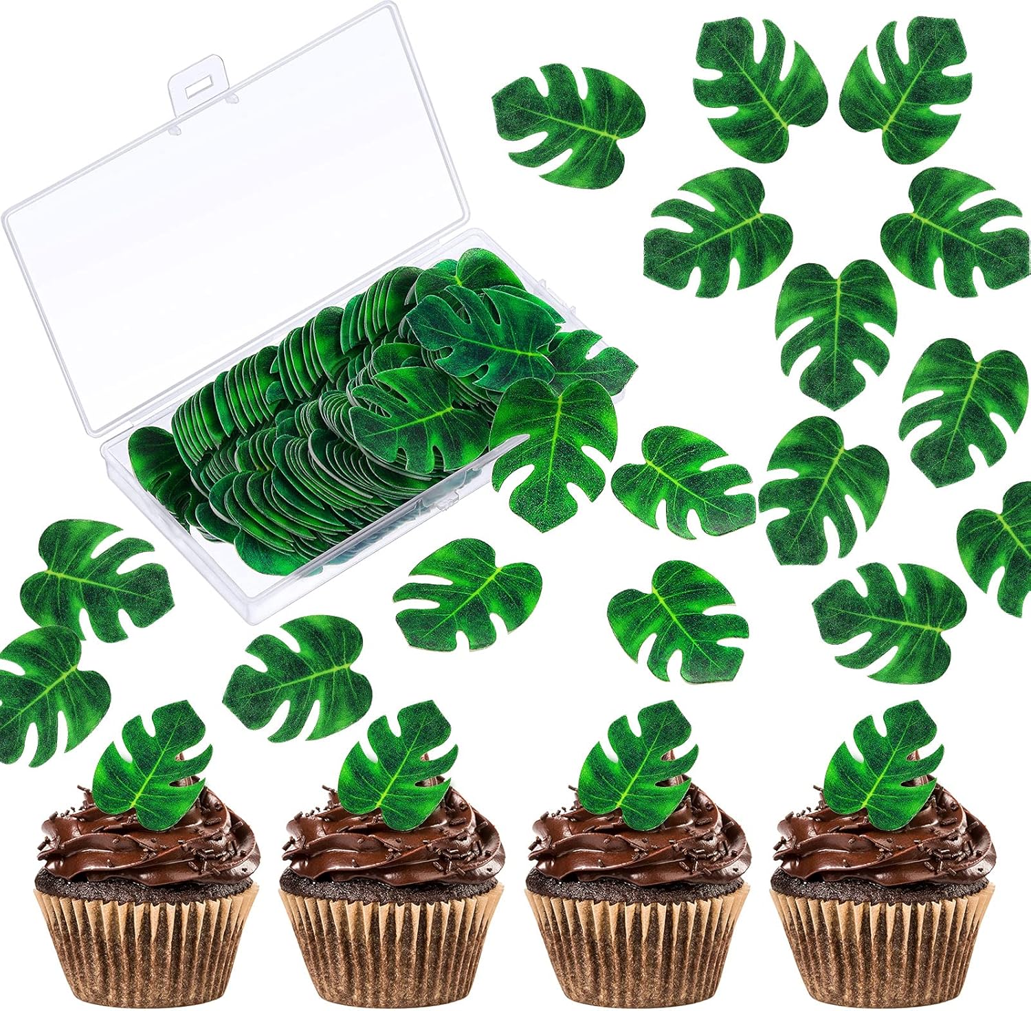 96 Pieces Tropical Palm Leaf Butterfly Cupcake Toppers White Pinion Cake Toppers Green Leaves Cake Decorations for Hawaii Theme Party Summer Decoration Birthday Supplies (Palm Leaf)
