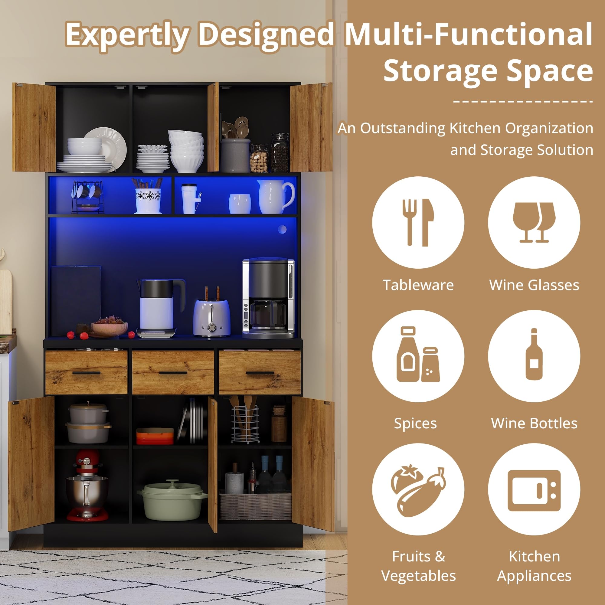 LAKFEW Alacena de Cocina con Enchufe y Iluminación LED, Armario Cocina con 6 Puertas y 3 Cajones, Alacena Cocina con Estantes Ajustables y Dispositivo Antivuelco, 100x40x180 cm, Negro+Natural