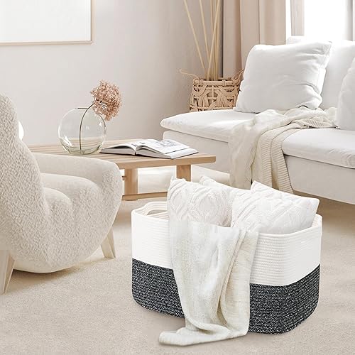 Miniatura 4 de Caja de juguetes extragrande, 23.6 x 15.7 x 14.1 pulgadas, cesta rectangular para manta para sala de estar, cestas de cuerda de algodón tejida para