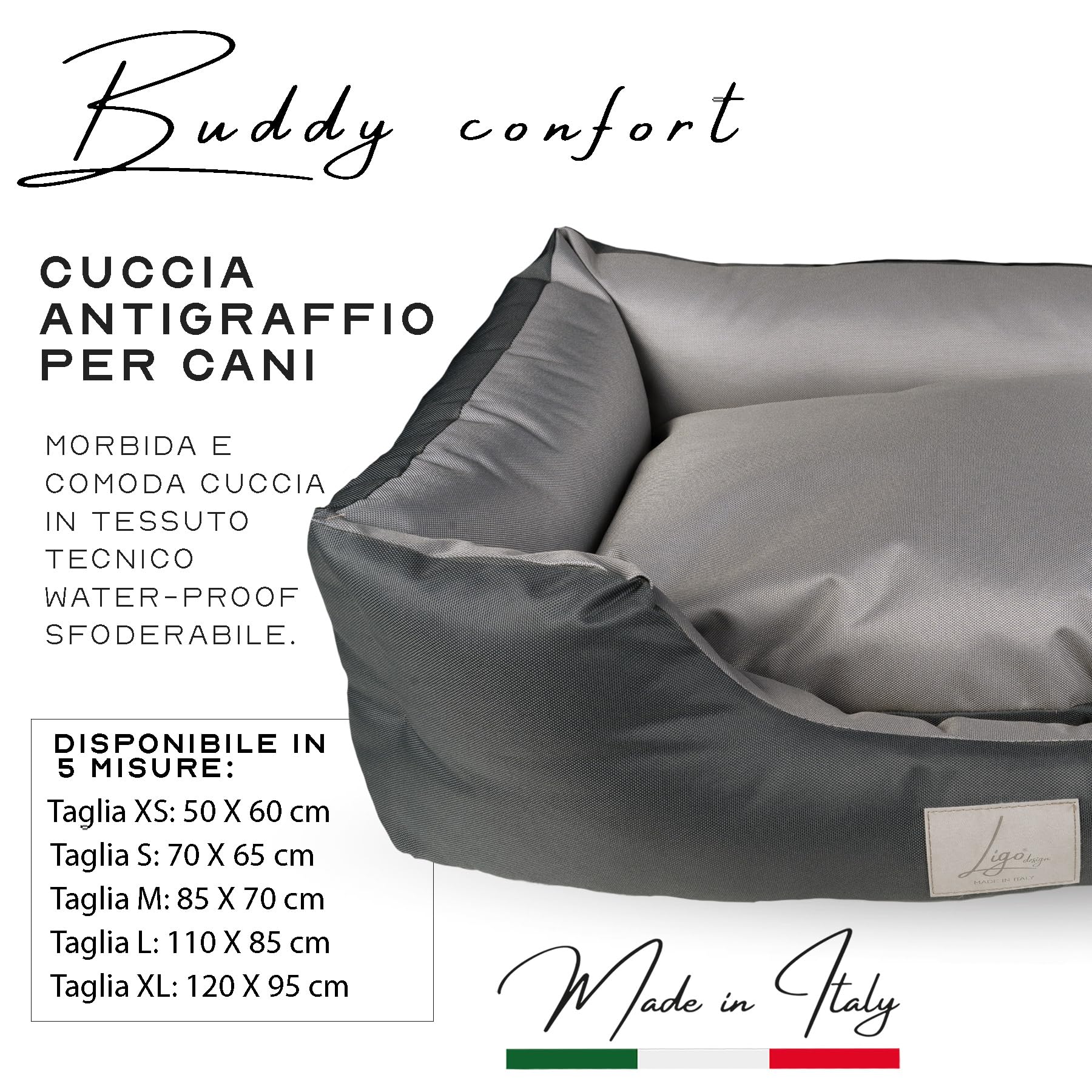 Ligo Buddy Confort - Cuccia per cani Lettino per cani idrorepellente antigraffio in Nylon,realizzata in Italia.Cuscino per Cane, uso interno/esterno. XS/S: 50 X 60 cm, ANTRACITE/GRIGIO