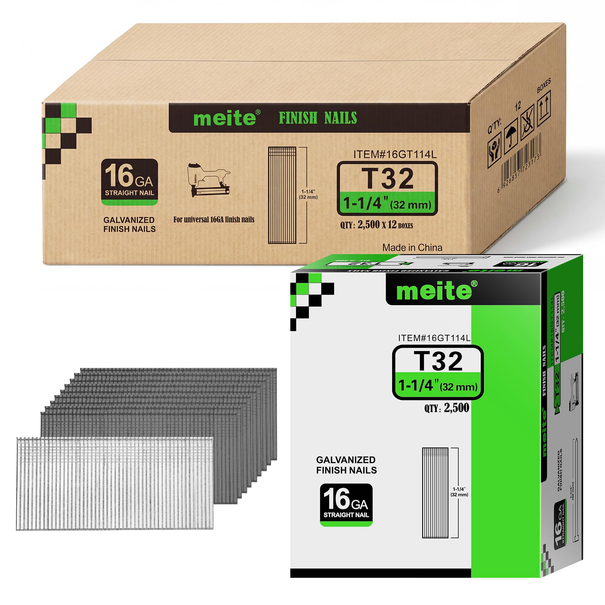 meite 16 Gauge Finish Nails 1-1/4 Inch Galvanized Straight T-Nail 30,000PCS
