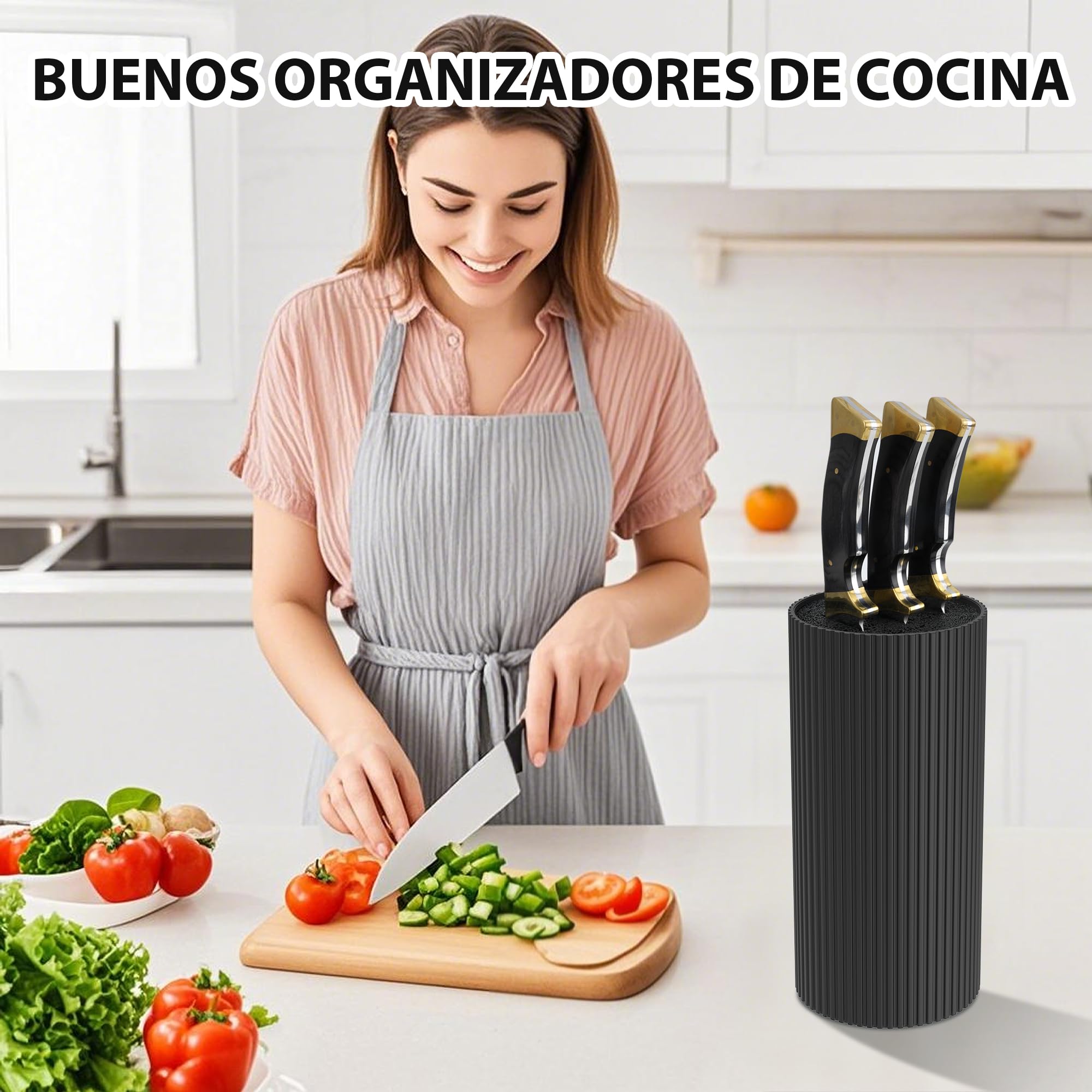 Portacuchillos sin Cuchillos Negros, Bloque de Cuchillo con Inserciones de Fibra Flexible, Bandeja Interior Extraíble, Gran Capacidad, Adecuado para Varios Cuchillos de Cocina - 22 x 11 x 11 cm