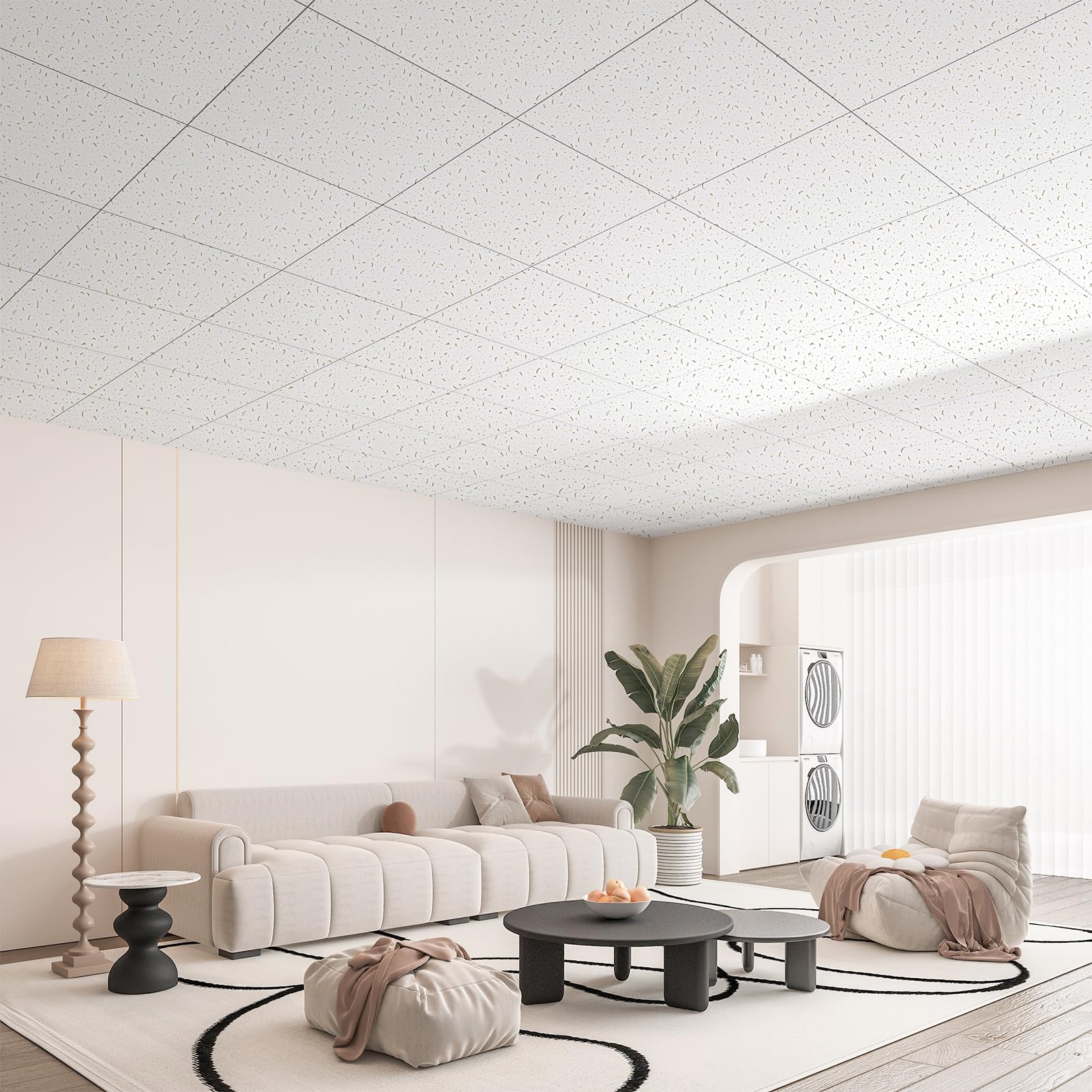 Art3d Stuck-Deckenfliesen, 61 x 61 cm, PVC-Wandpaneele und Fliesen für Inneneinrichtung, Zuhause, Büro, Restaurant und Fitnessstudio, Abdeckung von 48 m², quadratisch, weiß, 12 Stück
