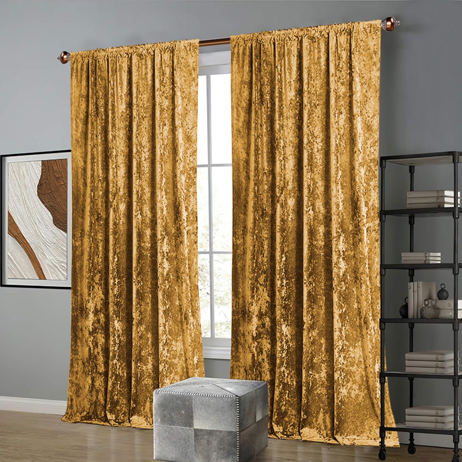 2er Set Samtvorhang Stangentasche, Luxus Vorhänge Verdunkelung Samt, Velvet Gardinen Blackout Curtains mit Eisblumen Muster, Thermovorhang Wohnzimmer Schlafzimmer H260xB140CM, Gold