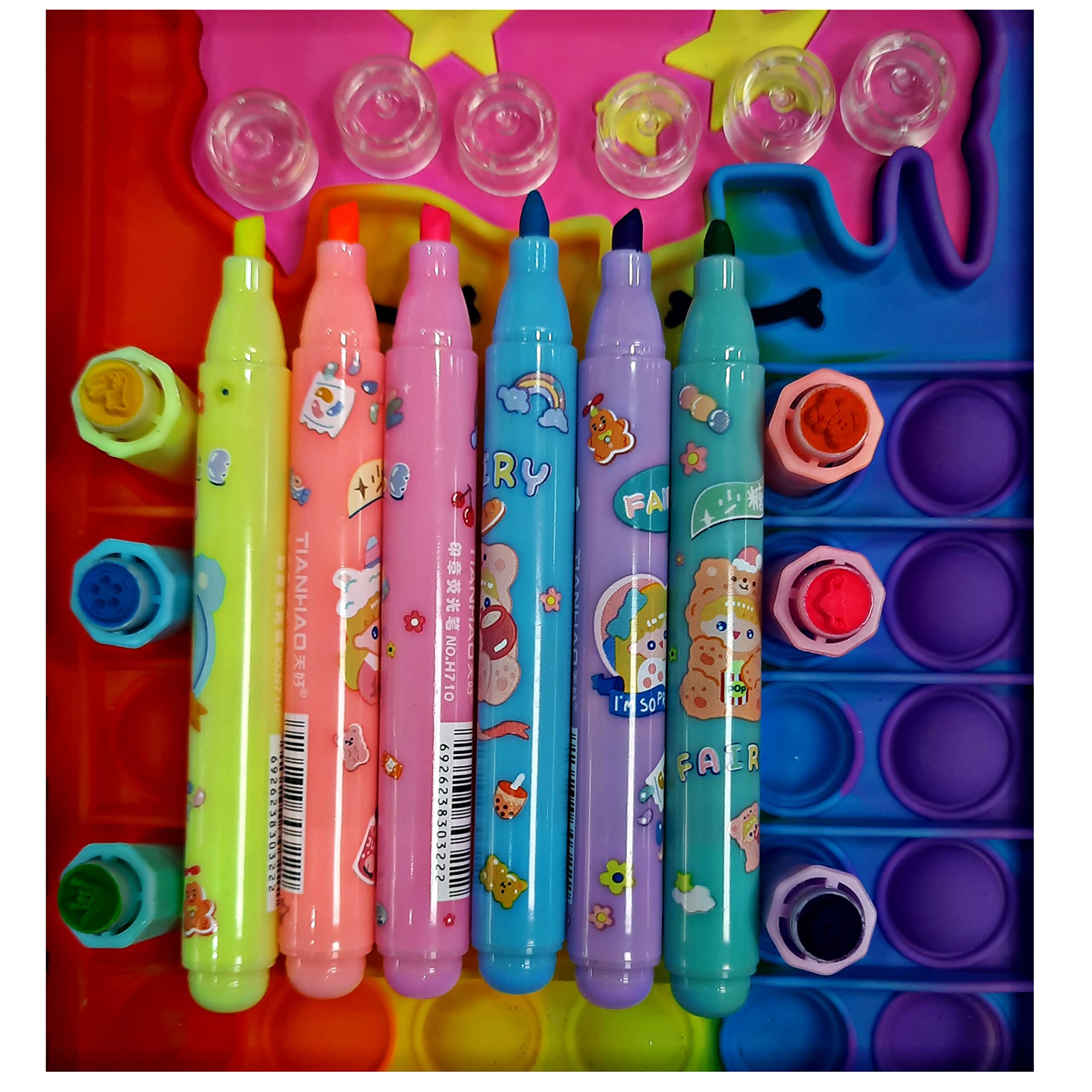MSGH Cartoon Print Highlighters with stamps| Set Of 6 Shades With 6 different stamp i Chisel Tip Fine Marker Pen/Ideal Gifts For Kids | Return Gift for kids (PACK OF 1 SET)-image-48
