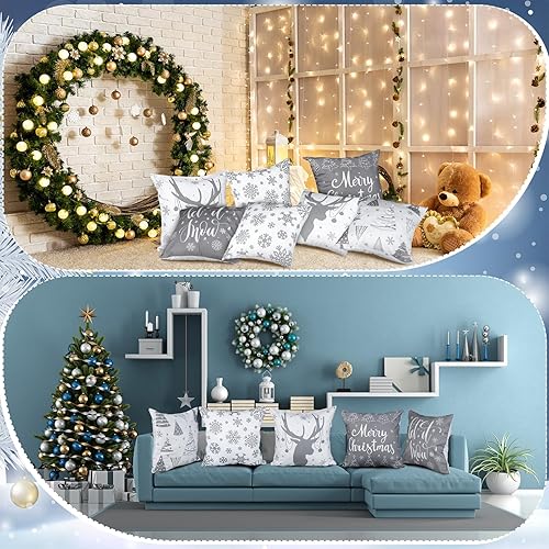 Miniatura 4 de 6 fundas de almohada de Navidad de 18 x 18 pulgadas, fundas de almohada de Navidad, fundas de almohada de invierno con copos de nieve, decoración
