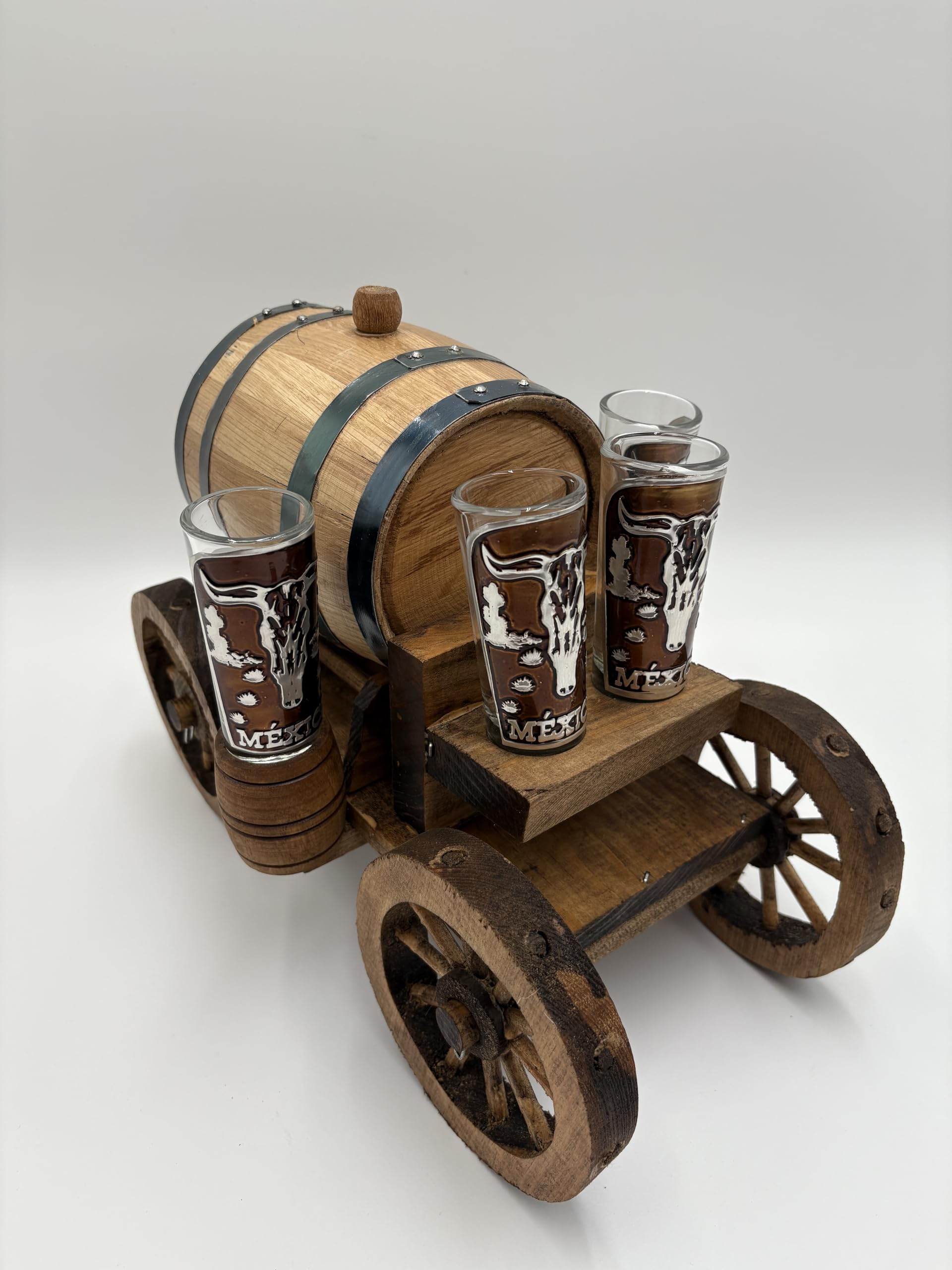 Rustic Wooden Barrel Shot Glass Holder with Wagon Wheels, 3 Decorative Glasses, Western Style Bar Decor