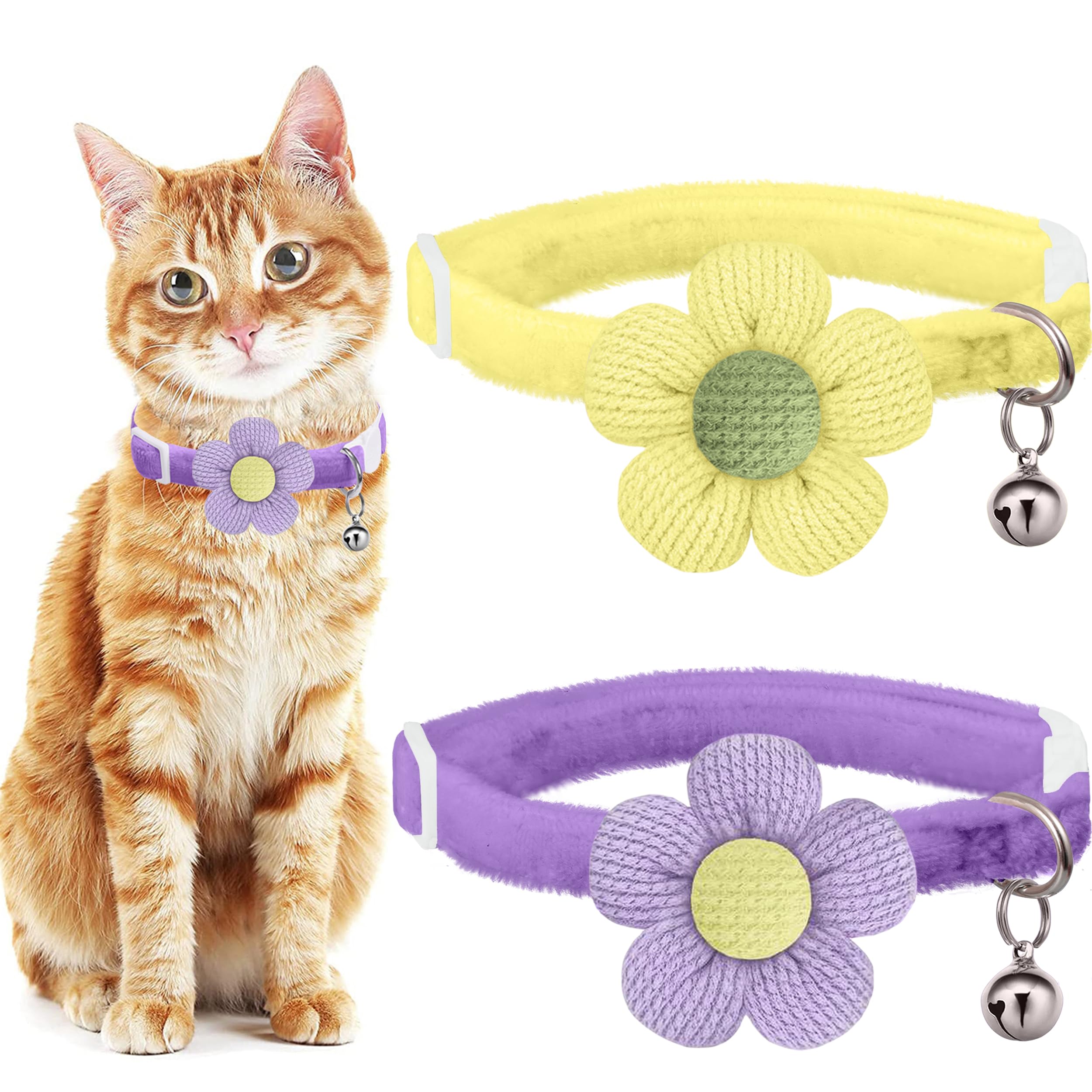 Breakaway Cat Collars with Bells, MUZIEBA Kitten Collar for Girl Boy Adjustable Safety Kitty Collars for Cats Puppy and Small Pets (Purple + Yellow)