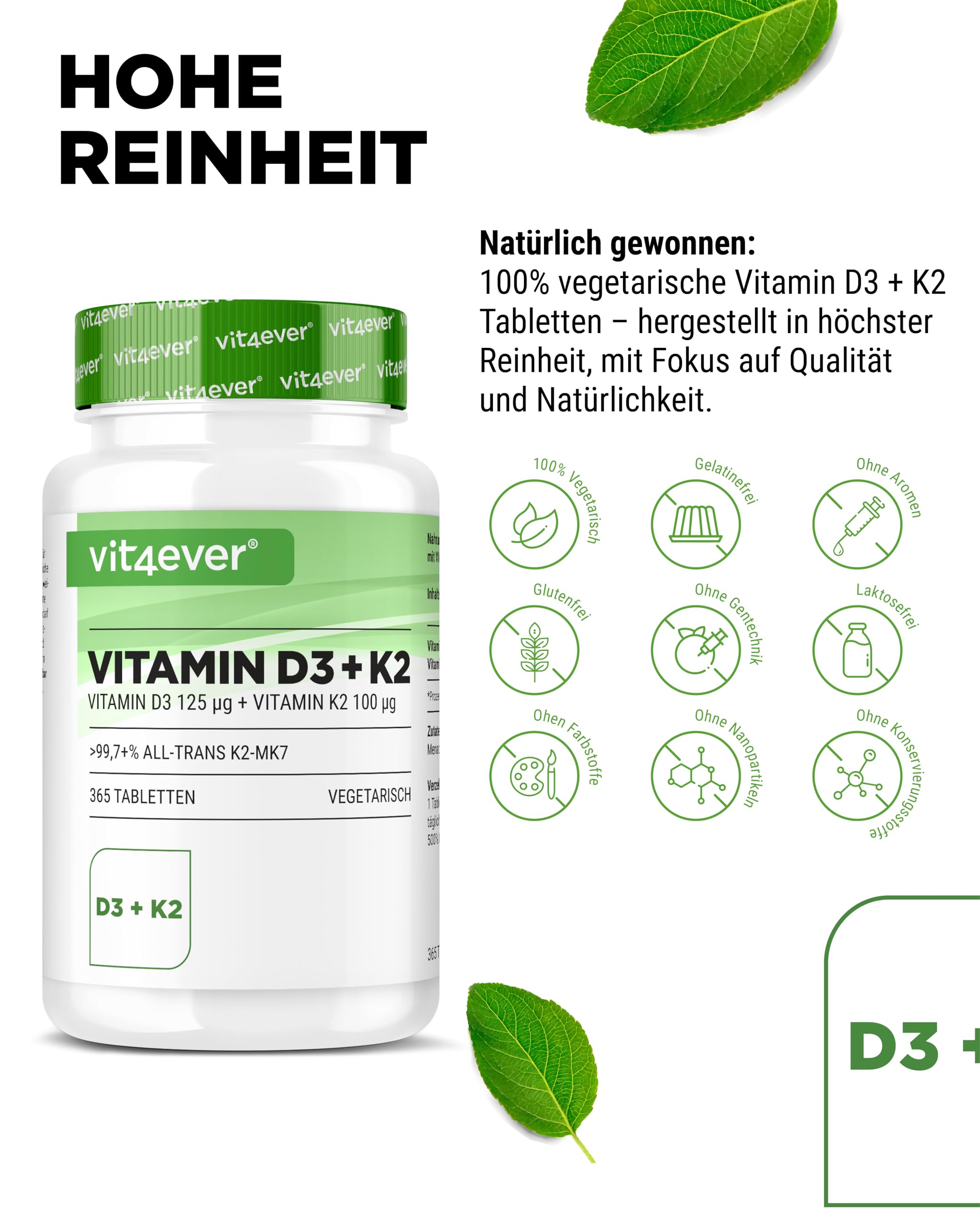 vit4ever Vitamin D3 + K2 Depot - 365 Tabletten - Premium Rohstoff: 99,7+% All-Trans - Mit 5000 I.E. Vitamin D3 pro Tablette - Vegetarisch - Premium Qualität - Ohne unnötige Zusätze | 100 µg Vitamin K2 MK7, aus Lanolin, vegetarisch, ohne unnötige Zusätze &