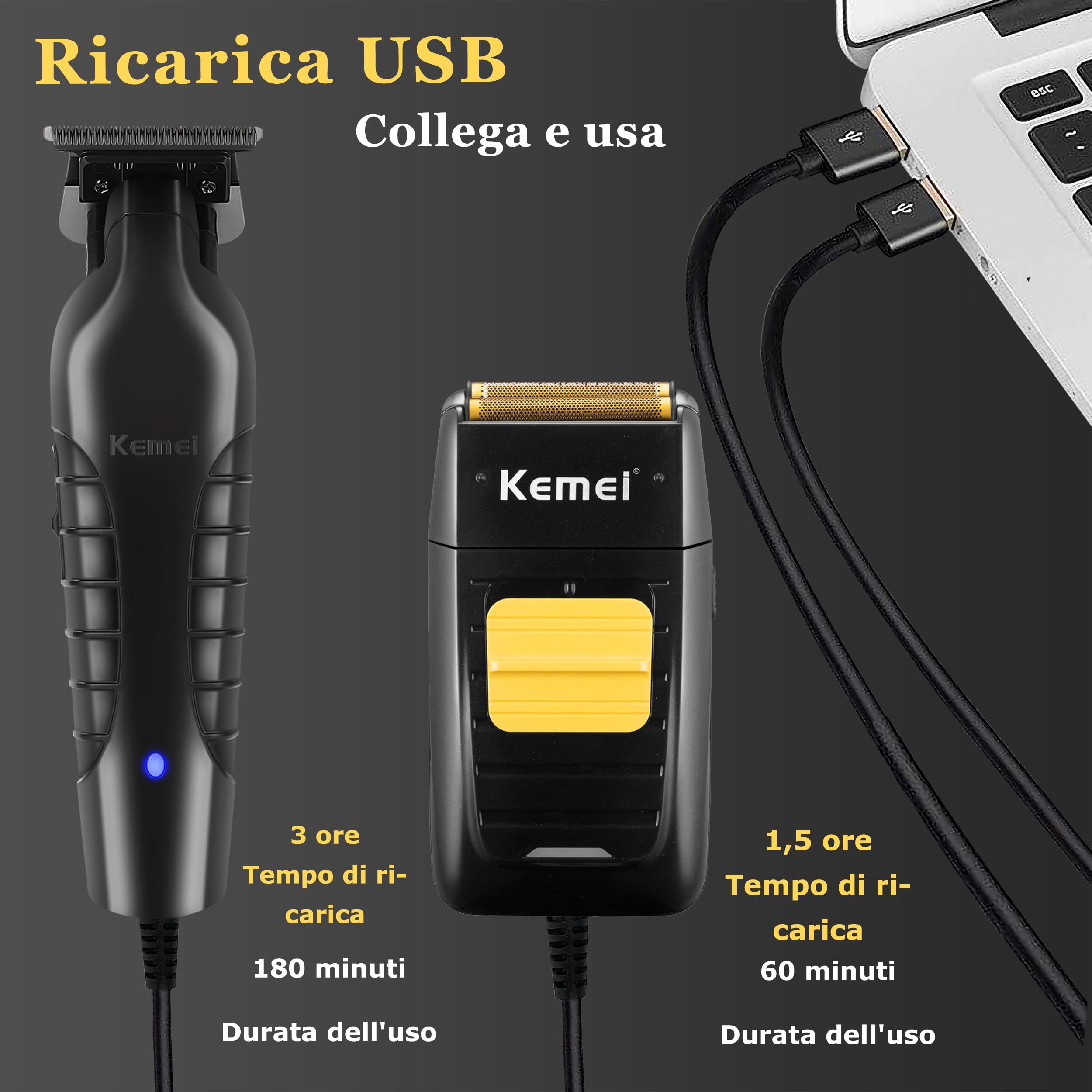 Kemei Rasoio elettrico da uomo - Rasoio per capelli professionale senza spazio - Rasoio a testa calva senza fili - 1102+2299