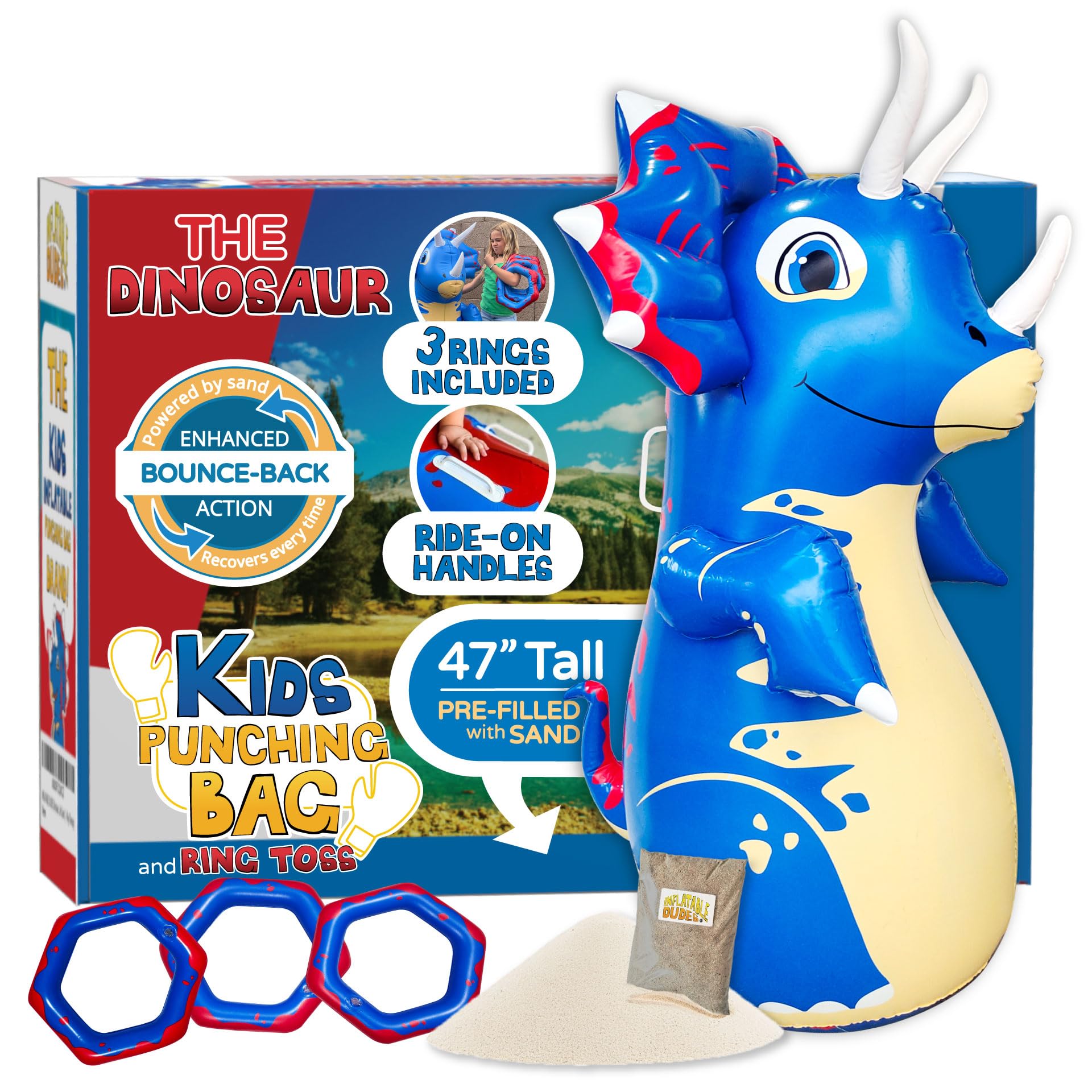 INFLATABLE DUDES Dinosaur 47 Inches- Kids Punching Bag| Already Filled with Sand |Triceratops Bop Bag |Ring Toss with 3 Inflatable Rings| | Ride-on Toy + Handles| Punching Bag for Kids (Tops)