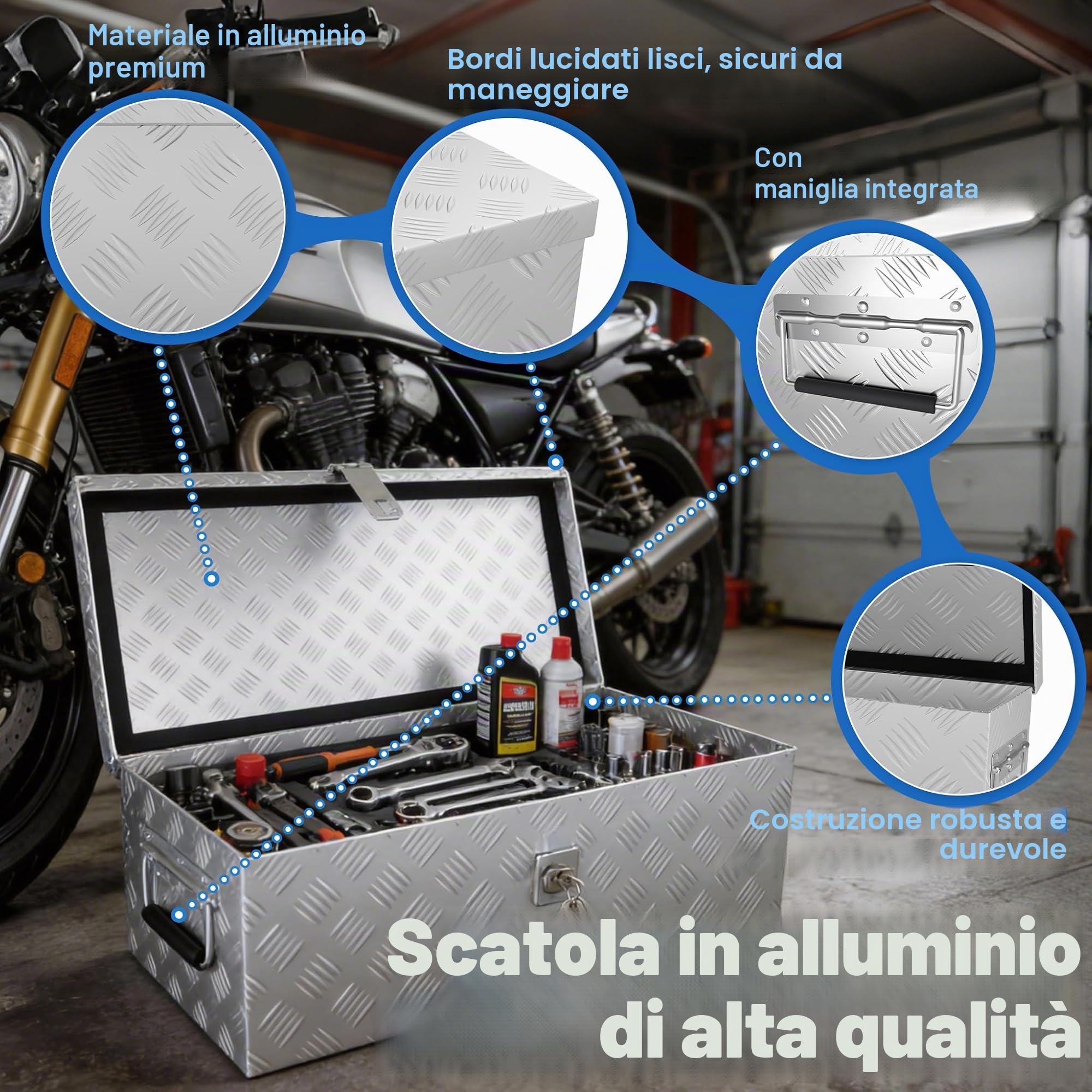 UISEBRT Cassetta degli attrezzi in alluminio con serratura, scatola in alluminio, 520 x 160 x 220 mm, robusta scatola in alluminio per attrezzi, scatola del rimorchio, scatola impermeabile con 2