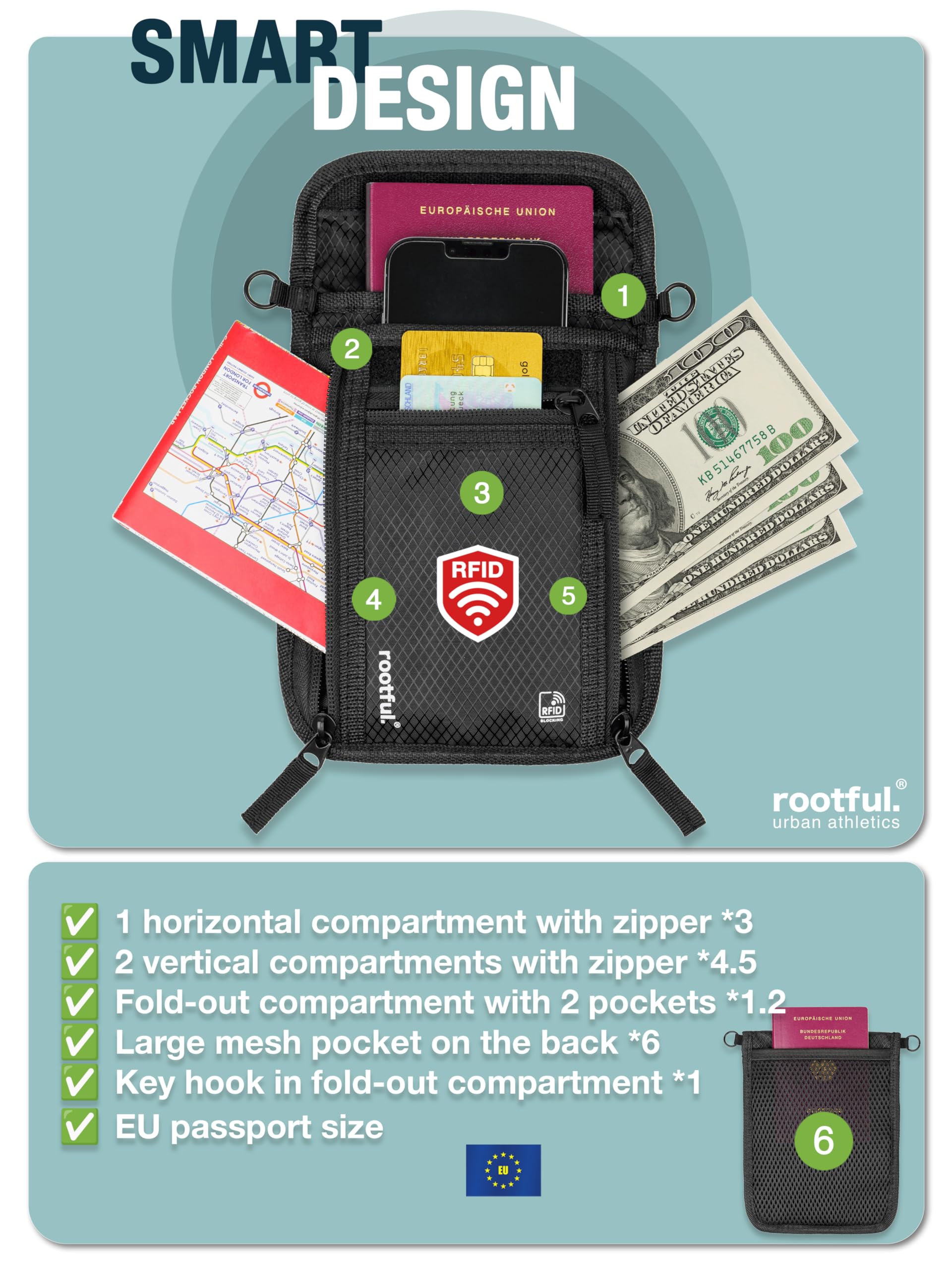 rootful.® Portadocumentos de Viaje RFID – Cartera de Cuello Impermeable con Correa Ajustable, para Pasaporte, Documentos, Dinero, Smartphone y más, con 6 Bolsillos para Hombre y Mujer