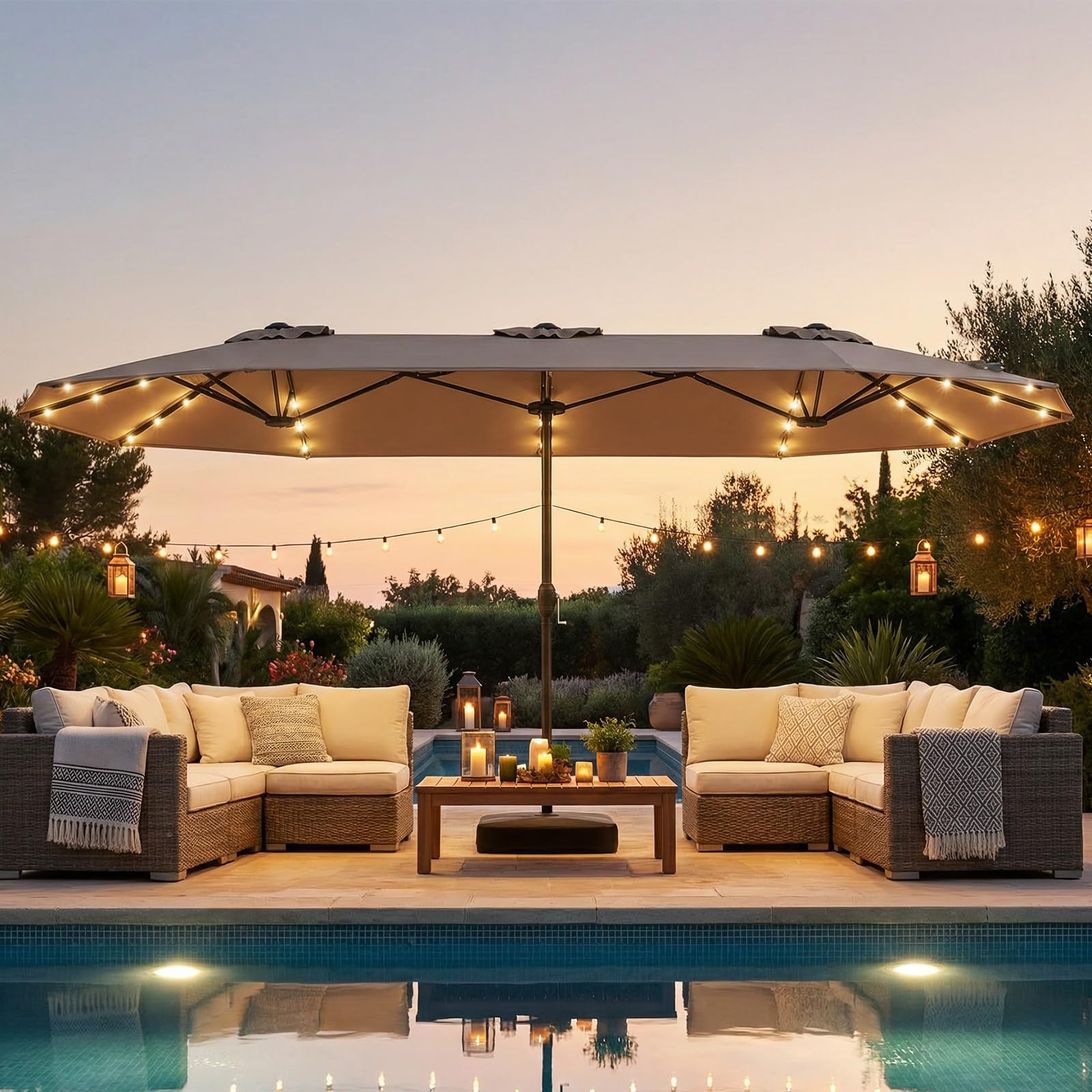 COSTWAY Ombrellone da Giardino Doppio 400 x 200 cm, con 36 Luci LED Solari, Manovella 12 Stecche, Base, Anti-UV, Rettangolare, per Giardino Piscina Cortile (Caffè)