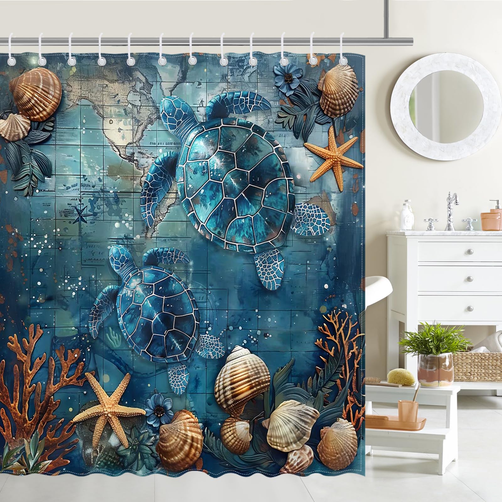 Avezano Sea Turtle Shower Curtain Nautical Biological Blue Ocean Bathroom Shower Curtain Sea Turtle Waterproof Fabric Shower Curtain Bathtub Decor with 12 Hooks 72 X 72 Inches