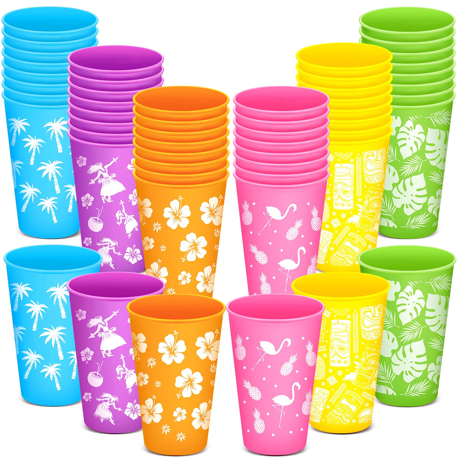 Skylety 50 Pcs 16 oz Plastic Cups Reusable Hawaiian Party Cups Tropical Cups Hawaiian Luau Party Supplies Reusable Plastic Party Cups for Summer Party Beach Theme Birthday Decorations