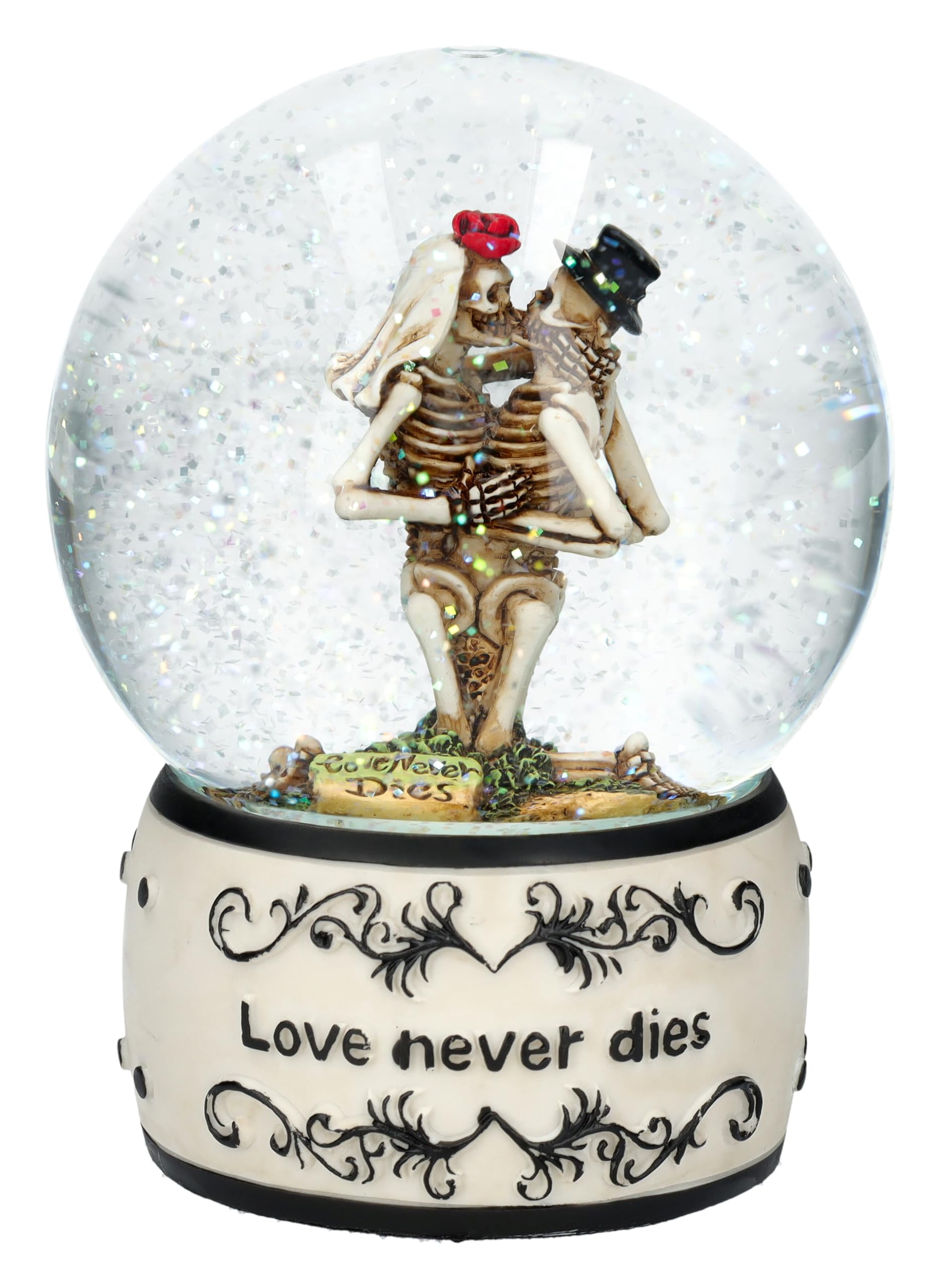 Pacific Giftware Bola de nieve con esqueleto de 13,5 cm – Love Never Dies, decoración gótica, amor, San Valentín, figura de boda