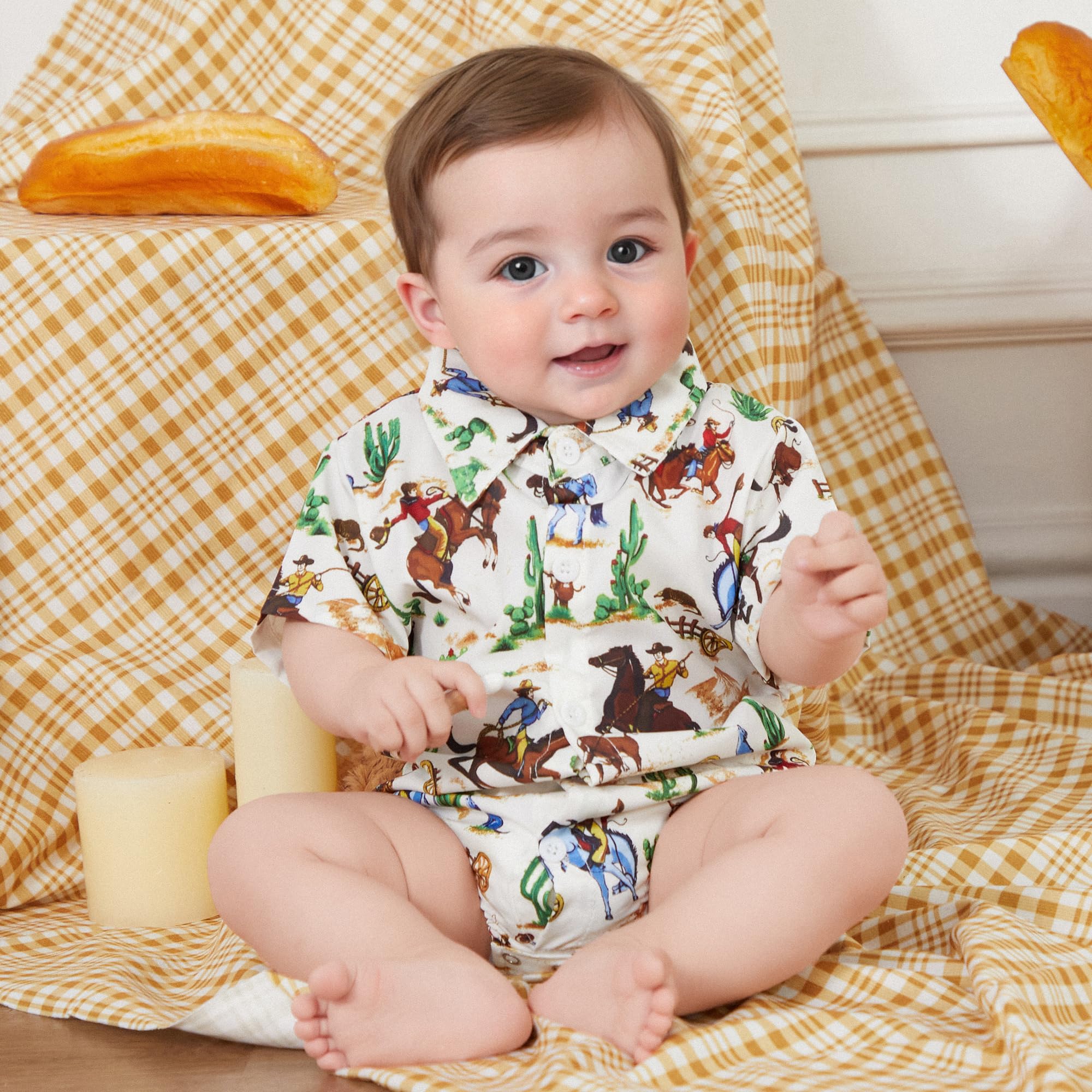 Western Baby Boy Clothes Horse Print Shirt Romper Short Sleeve Button Down Bodysuit Infant Gentleman Summer Outfit (Green, 6-12 Months)