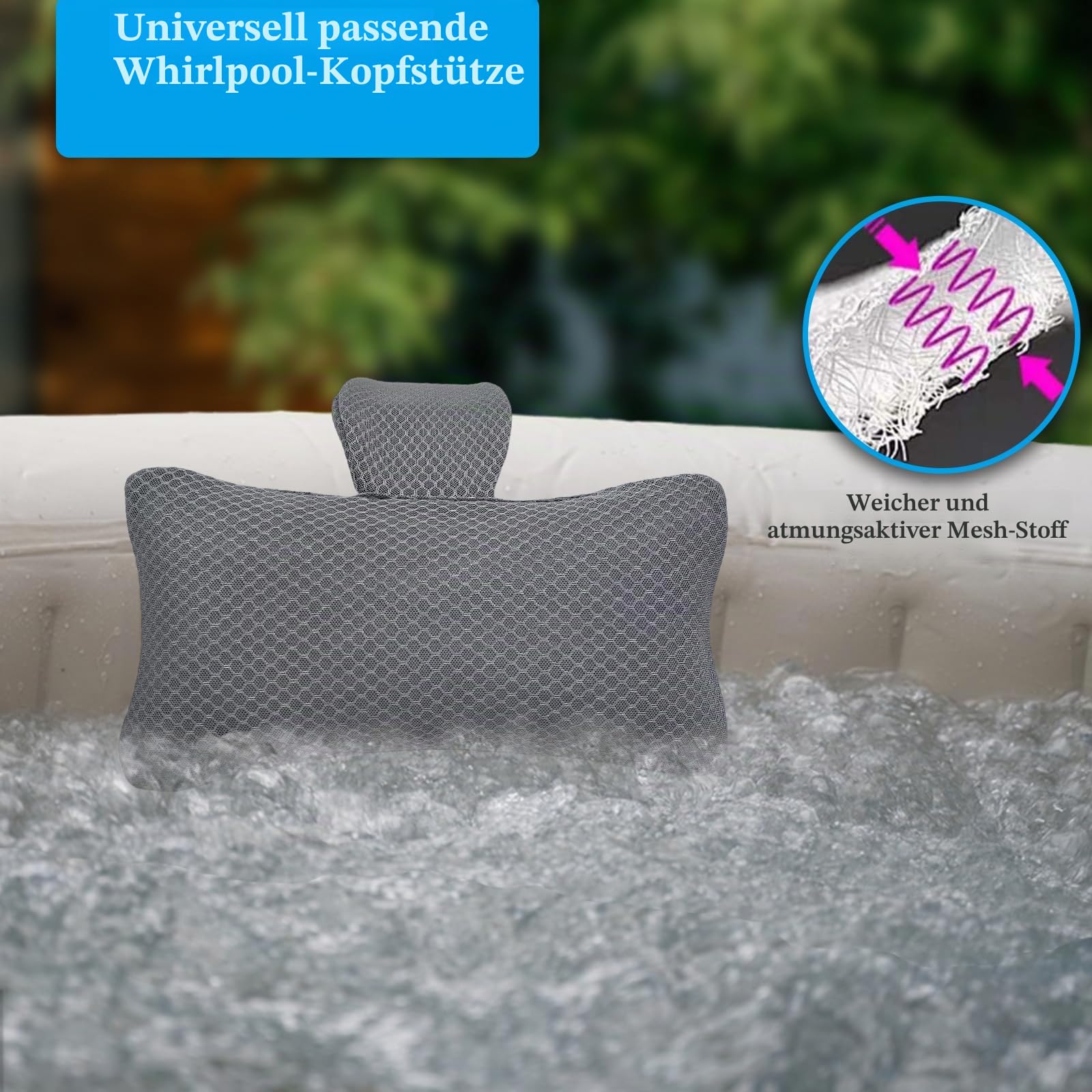 REEZEIVI Whirlpool-Kopfstützenkissen, Chaiselongue-Kissen, 3D-Luftnetz, Spa-Kissen für den Außenbereich, schnell trocknend und waschbar, Kopf- und Nackenstützkissen mit verstellbarem gewichtetem Gurt,