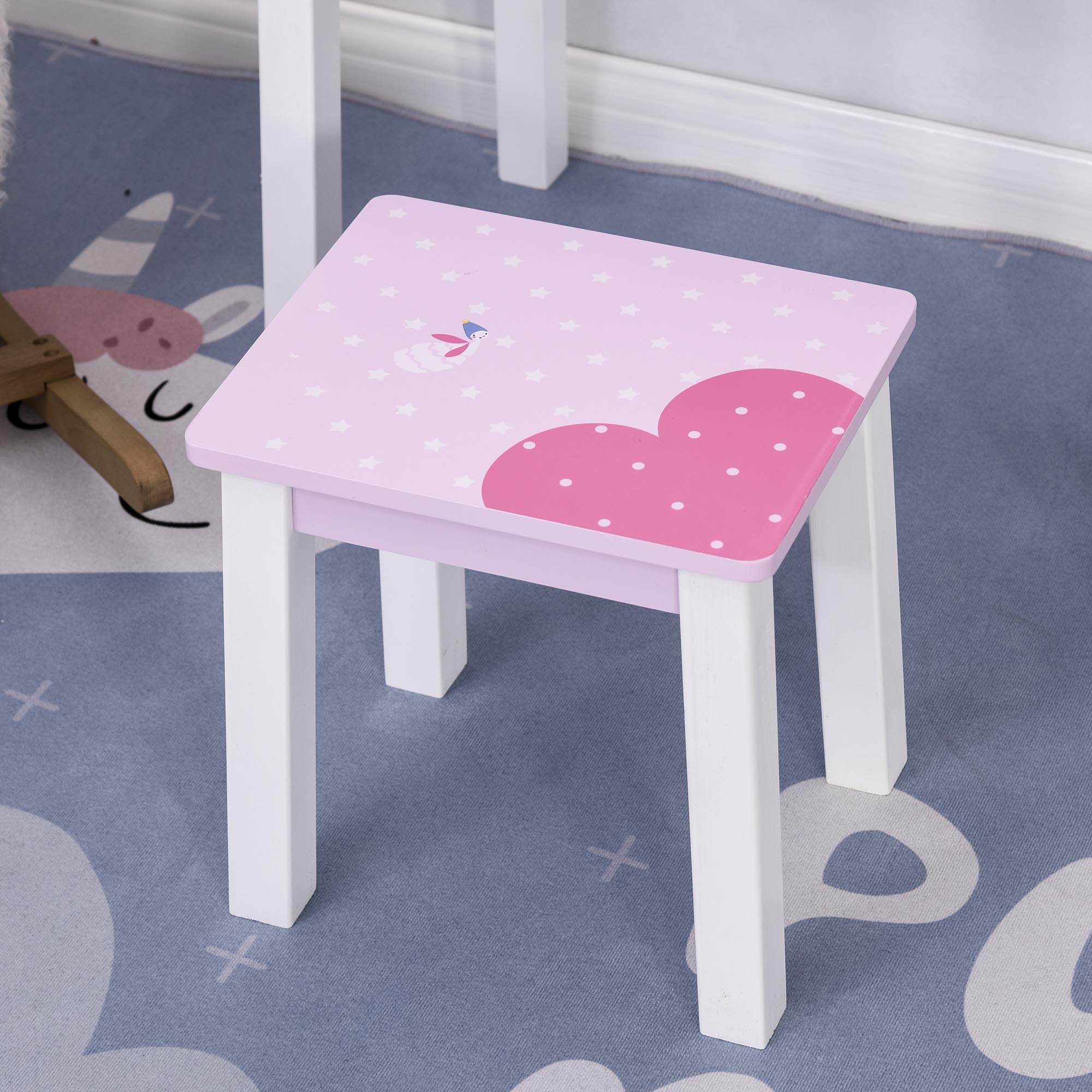 HOMCOM Tocador Infantil con Taburete y Espejo Tipo Princesa Mesita de Maquillaje de Madera Rosa Juguete para Niñas 60x34x93 cm