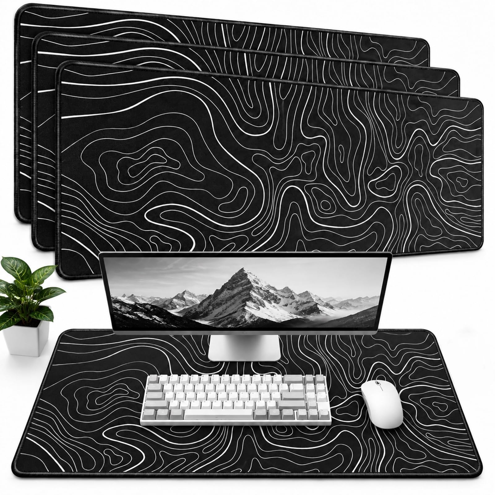 3 Pcs Large Gaming Mouse Pad,Black with White Topographic Line 31.5 x 11.8in,Anti-Slip Ru…