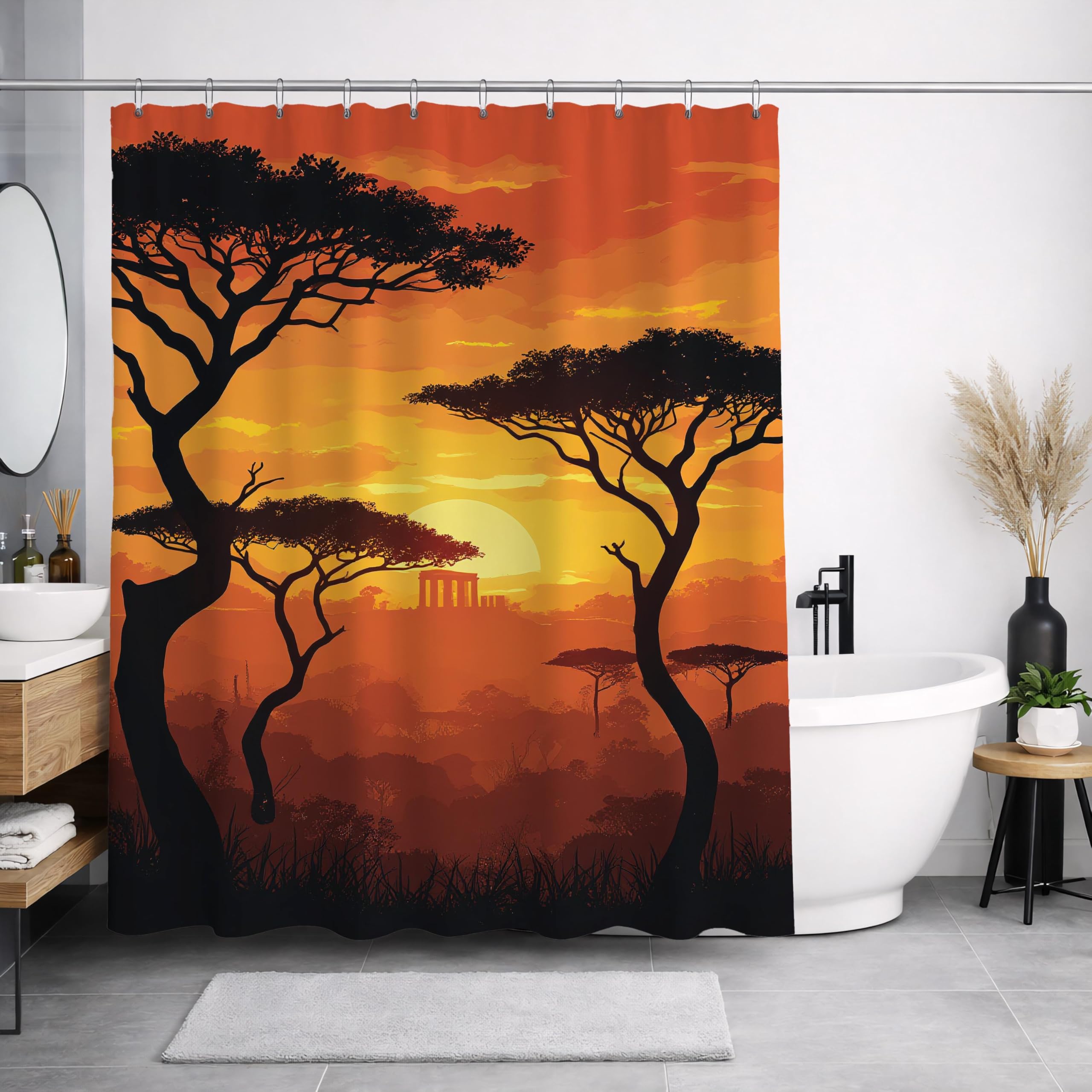 LMYCHENG African Sunset Art Shower Curtain, Savanna Landscape curtain, Orange Acacia Tree Print, Boho Theme Home Decor(100x200cm/39x79in(WxH)/)