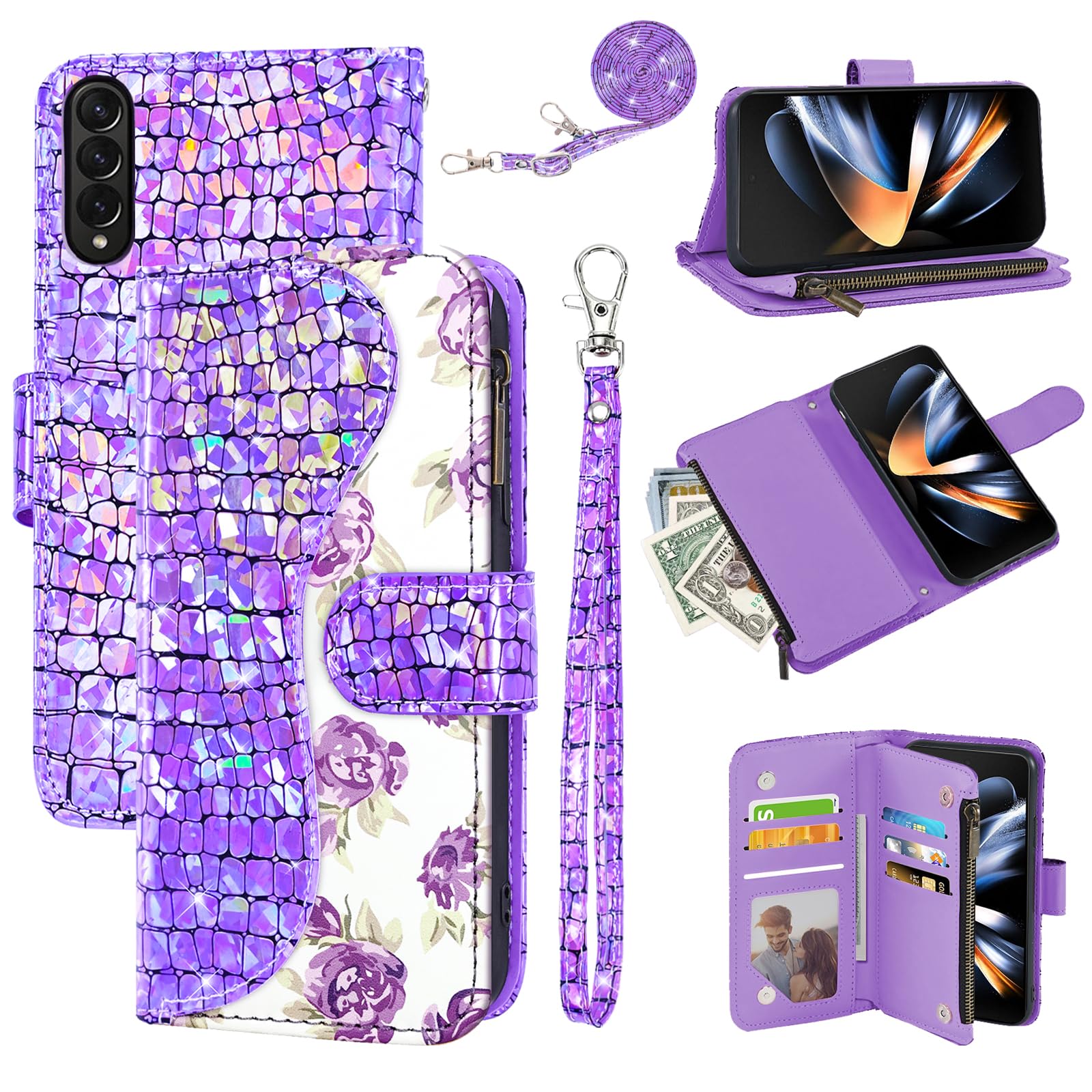 Dibosom Floral Wallet Case for Samsung Galaxy Z Fold 4 5G 2022 with Wrist Strap Shoulder Strap Flip Zipper Purse Card Holder,Stand Sparkly Glitter