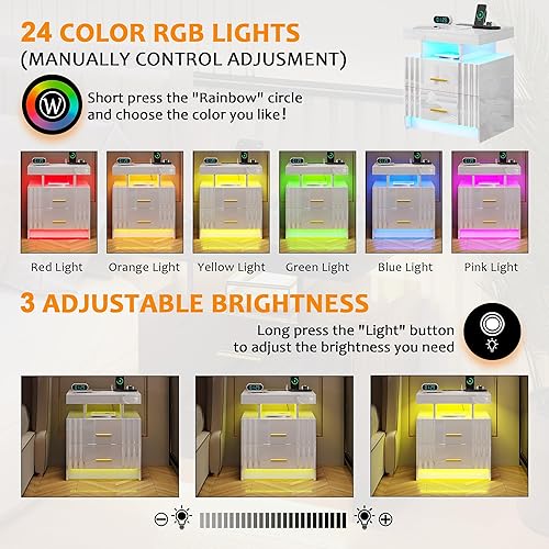 Miniatura 4 de SKKTKT Mesita de noche con estación de carga, mesita de noche LED blanca con 2 cajones, mesa de noche de alto brillo con sensor automático de luces