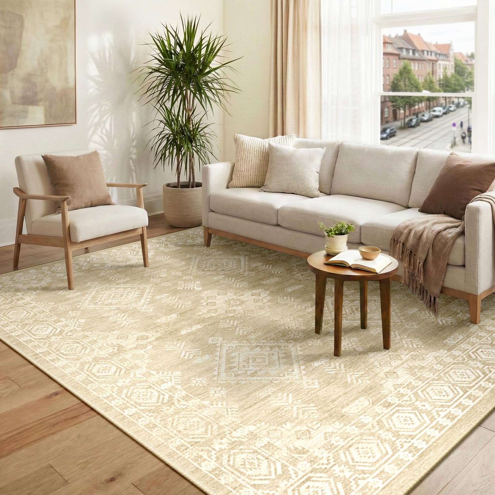 DEFYNEE Machine Washable Large Rugs Living Room 180x270cm, Soft Short Pile, Non-Slip Vintage Rugs for Bedroom, Moroccan Rug for Dining Room, Hallway, Beige