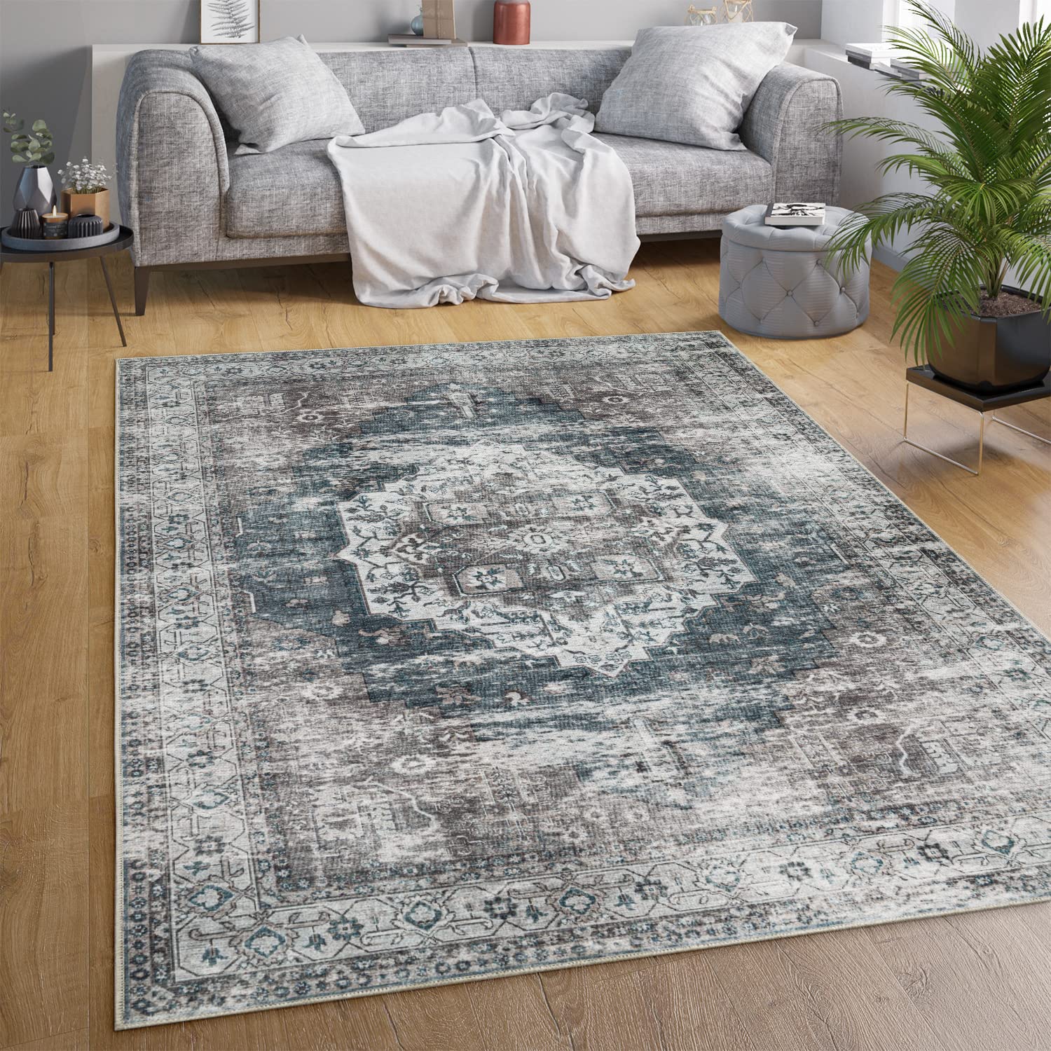 Paco Home Waschbarer Teppich Wohnzimmer Schlafzimmer Vintage Muster Flachgewebe Modern Orientalisch Ornament Pastell, Grösse:80x150 cm, Farbe:Grau