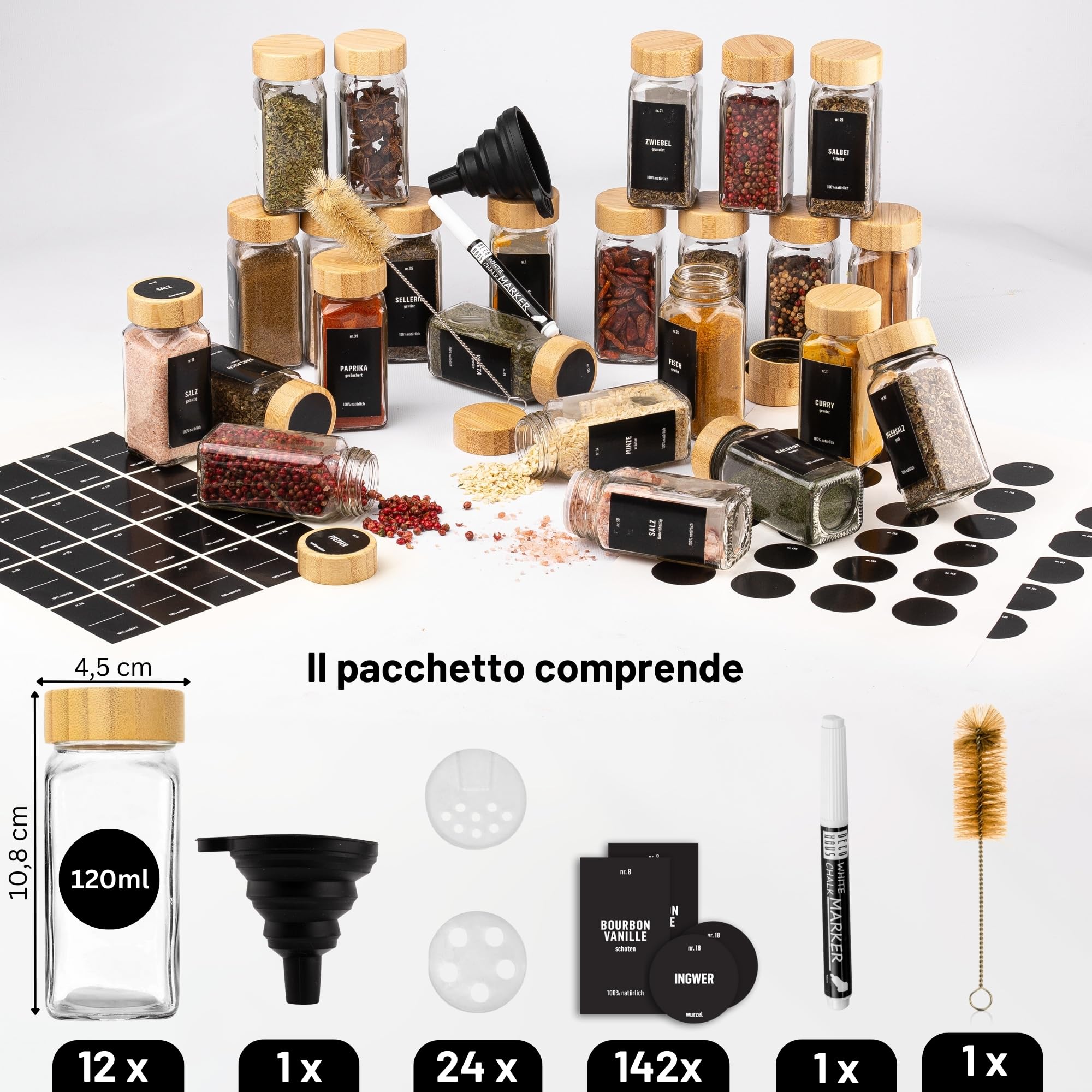 Deco haus® Set da 12 Contenitori per Spezie con Tappo a Vite - Kit per Condimenti con Etichette, Imbuto, Spazzola, Pennarello - Barattoli Portaspezie Piccoli in Vetro Trasparente da 120ml, 10,5x4,3 cm