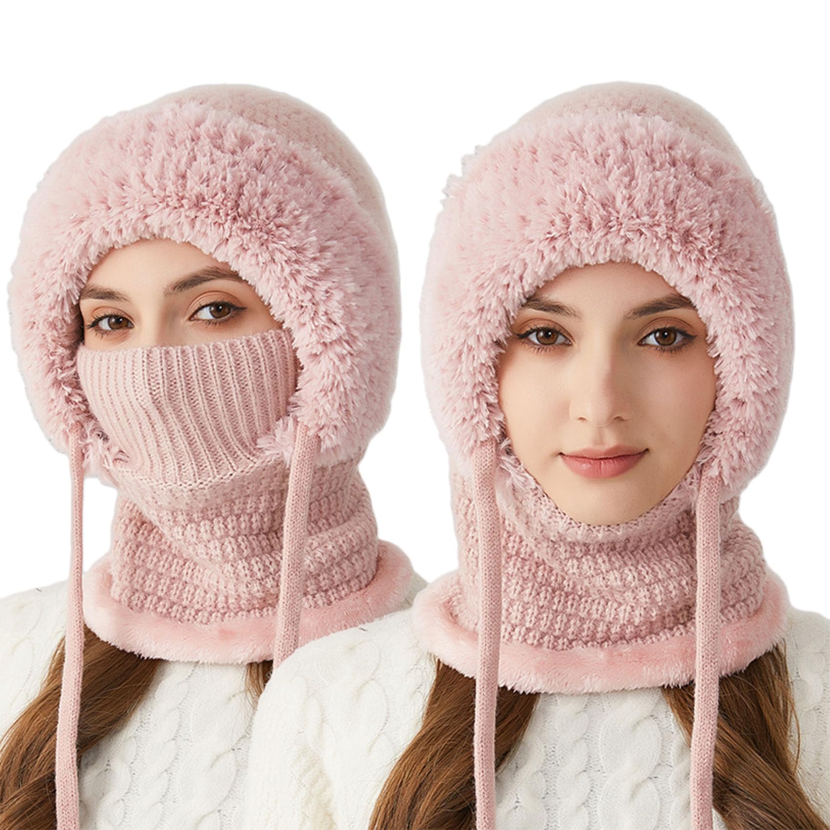 Jeeeun 3 in 1 Beanie Hat with Scarf and Mask for Women, Windproof Knitted Balaclava for Skiing, Hiking, and Cold Weather (Pink)