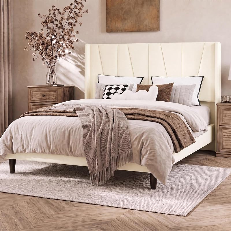 SHA CERLIN King Upholstered Bed Frame with Headboard, Cream image 3