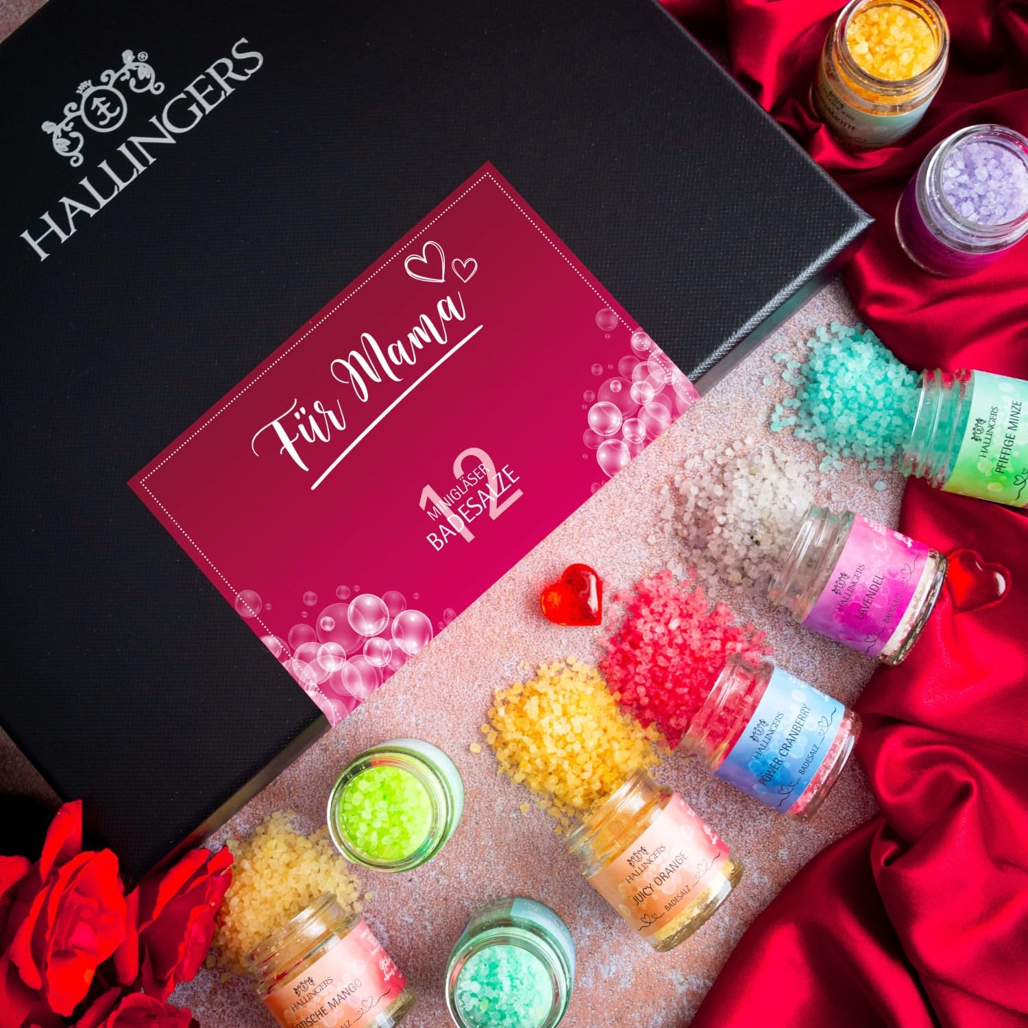 Hallingers Genuss Manufaktur Badesalze Muttertagsgeschenk-Set - 12x Badezusatz mit Totes Meer Badesalz edle Geschenkbox, Badekristalle Fußbad & Spa "Zum Muttertag", Geschenkidee für Mama Oma
