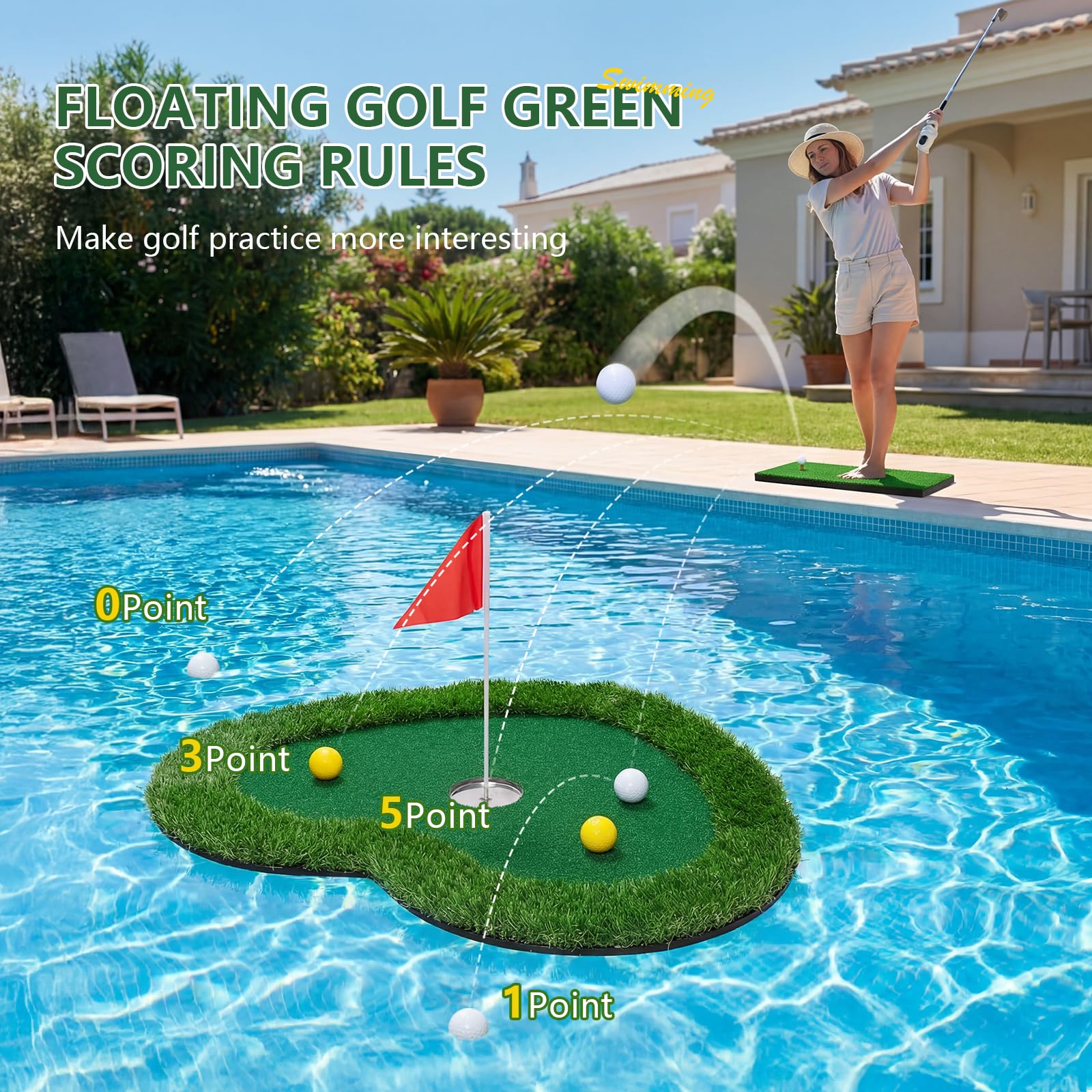 Wekin Tapis de golf flottant vert 88,9 x 71,1 cm pour piscine et lac, entraînement de golf intérieur et extérieur, jeu d'entraînement de golf dans le jardin et excellent cadeau pour homme