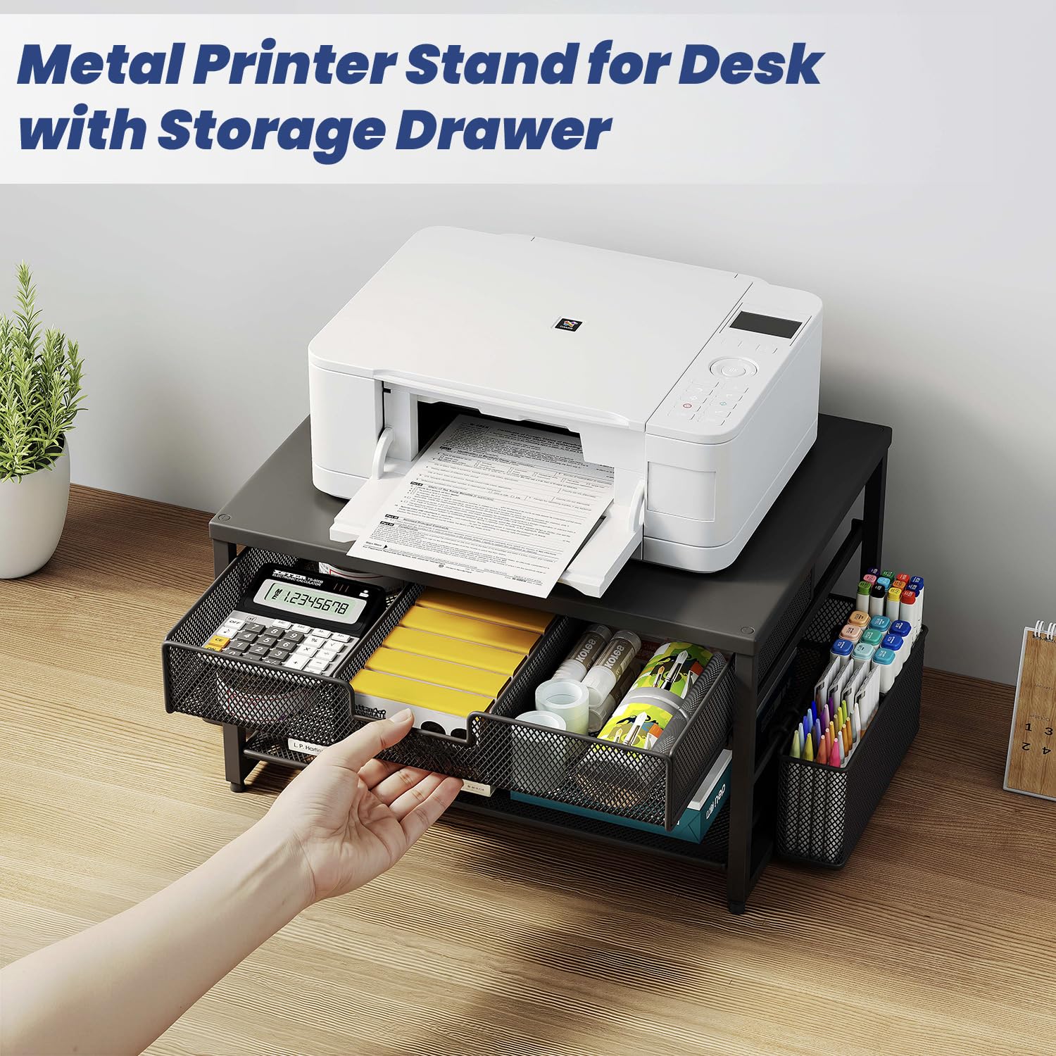 Supporto da scrivania in metallo per stampante con cassetto portaoggetti e 2 portapenne, 2 ripiani per stampante desktop con porta carta, organizer multiuso da scrivania da ufficio, nero