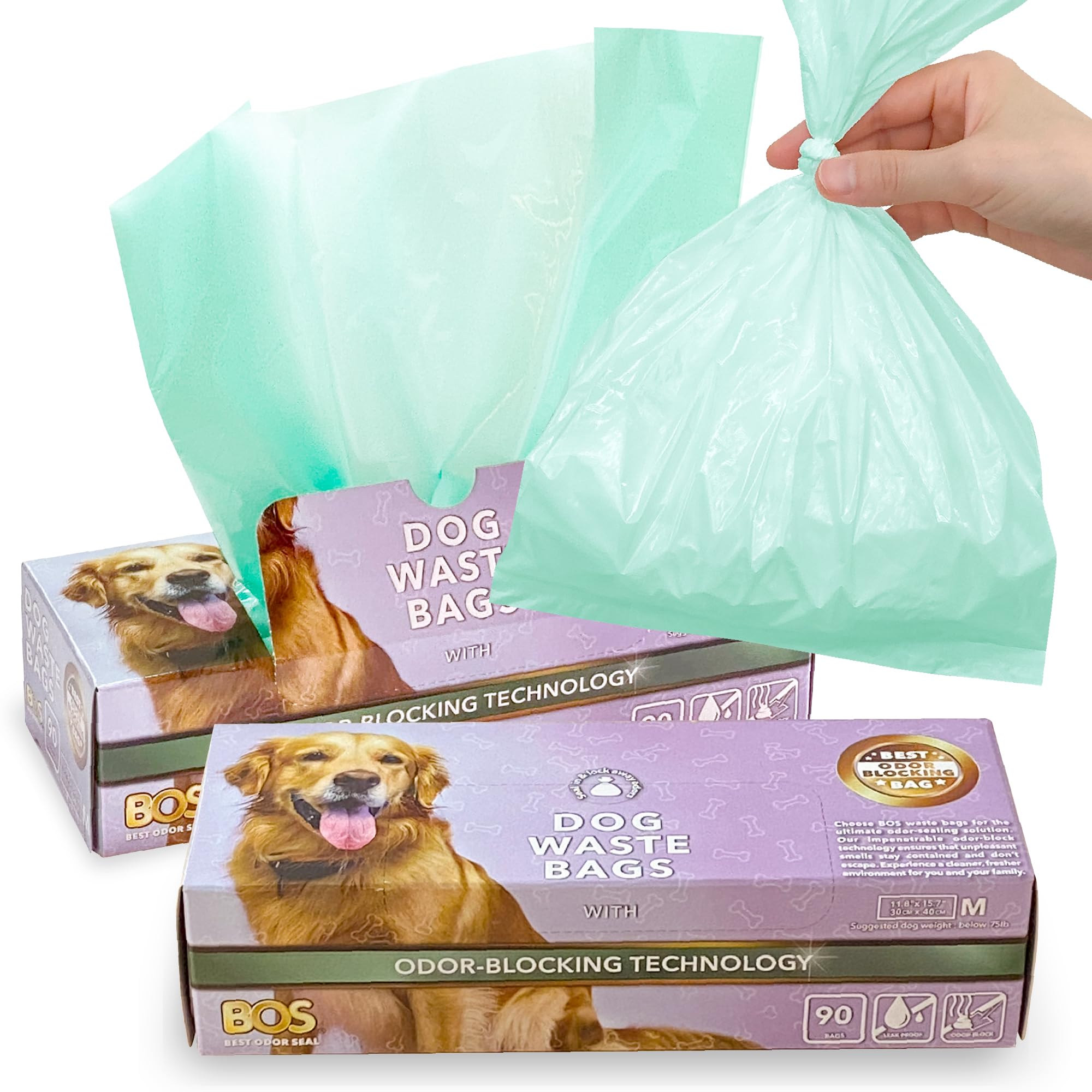 BOS Odor-Sealing Dog Poop Bags for Pet Waste - Disposal Doggy Bags - Scent & Smell Free (90Bags) [Size: M, Color: Light Mint Green] (Pack of 2)