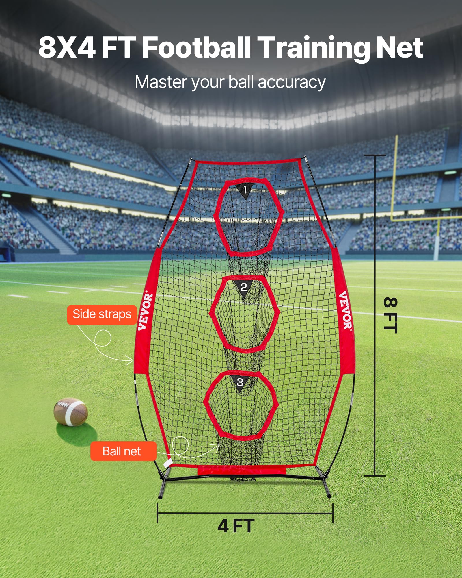 VEVOR Red de Lanzamiento para Entrenador de Fútbol, 168 x 77 x 245 cm, 3 Bolsillos, Rojo
