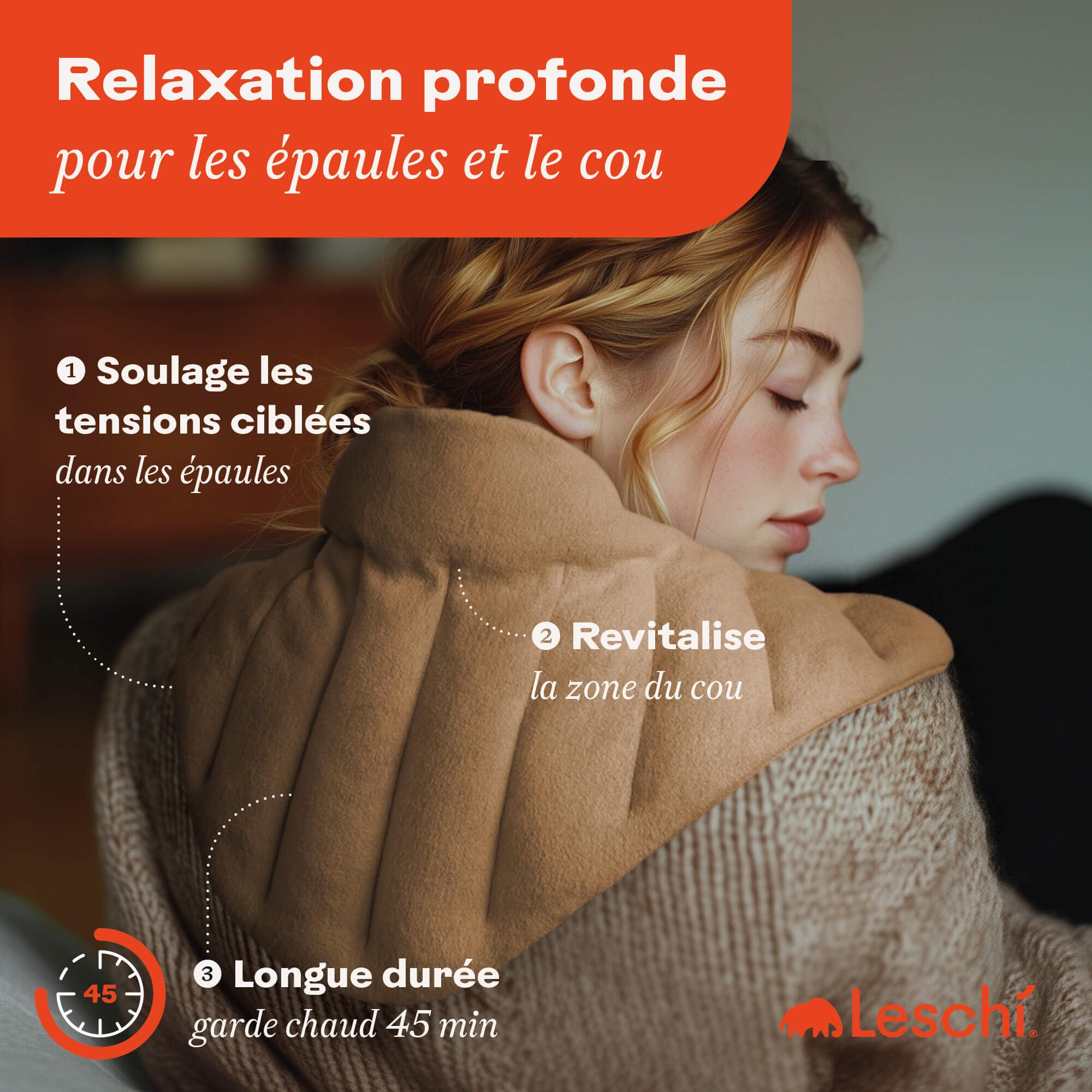 LESCHI XXL Coussin chauffant micro ondes (60x28cm) en coton 100% bio, 11 compartiments, marron, Bouillotte graines de blé 100% bio, Bouillotte micro-ondes idéale pour réchauffer épaules, cou, nuque
