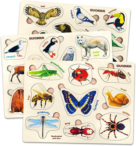 QUOKKA Wooden Puzzles for Toddlers 1-3 – 3xSET Kids Puzzles Ages 2-4 – Montessori Toy Puzzle for Toddlers 3-5 – Wood Toy Learning Realistic Insects - Arctic Animals - Birds for Boy and Girl