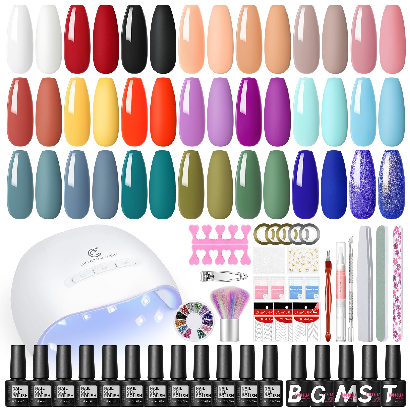 COSCELIA Uñas Semipermanentes Kit Completo,20+5 PCS Esmaltes Semipermanentes Para Uñas Con Lampara U-V/Led Uñas Base, Top Coat Brillante y Mate, Kit Manicura Semipermanente