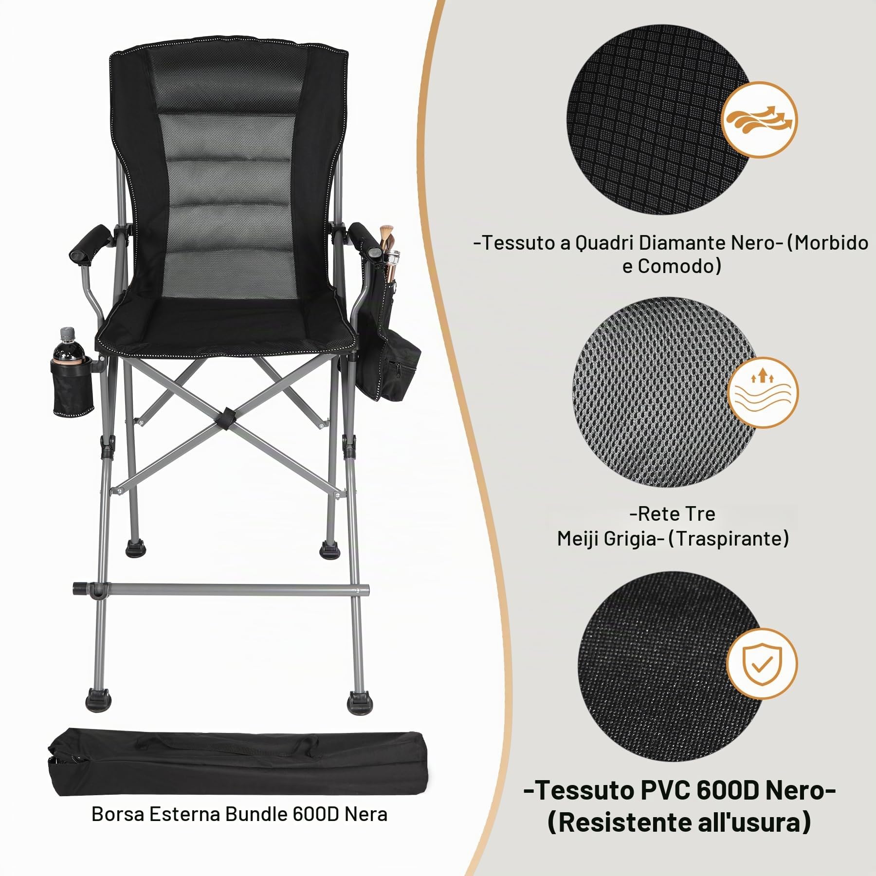 REDCAMP Sedia da regista pieghevole alta con poggiapiedi, capacità 136 kg, nero | Sedia portatile da trucco per artisti con borse laterali, sedia da regista per campeggio, resistente, supporta 136 kg