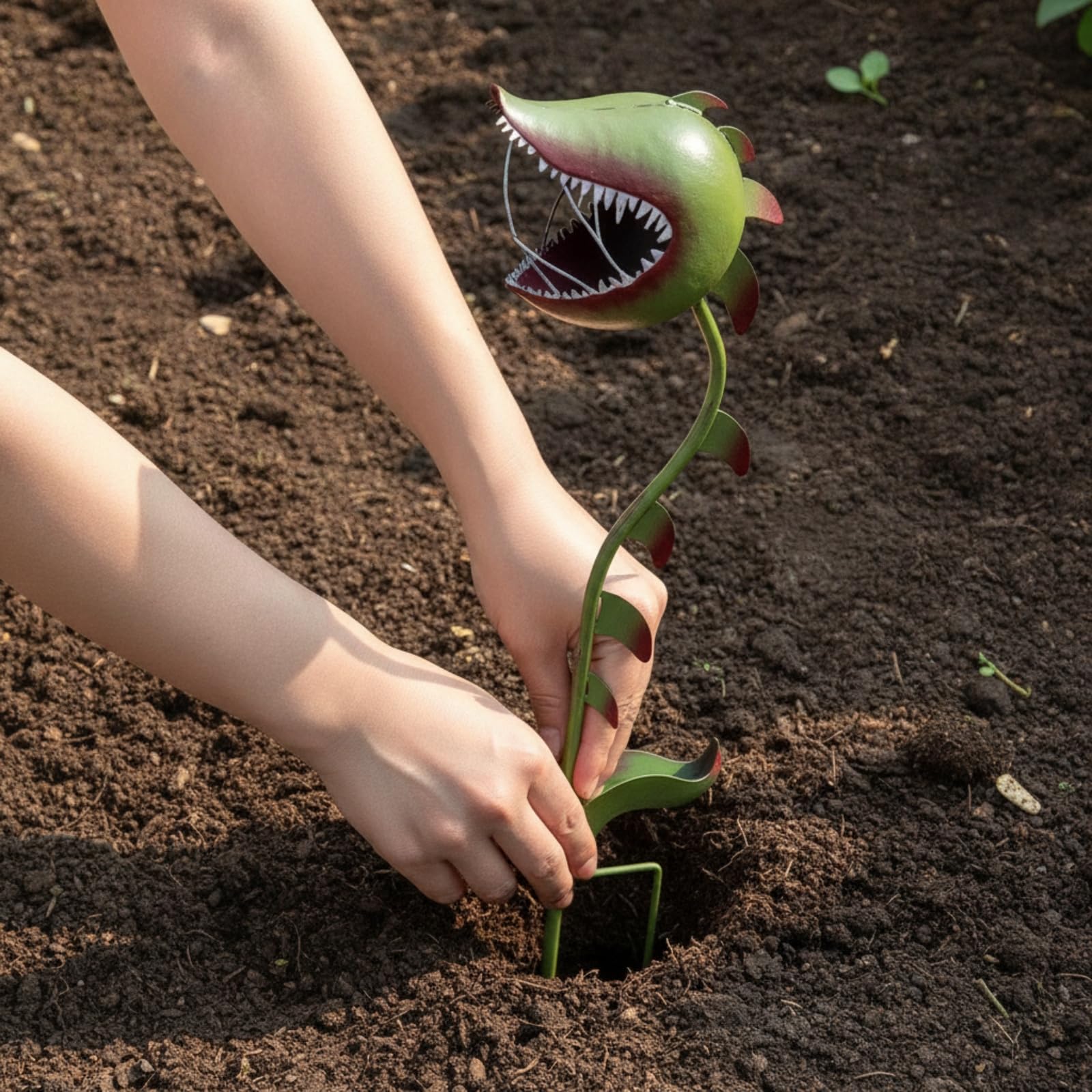 Skurriler Fleischfresserpflanzen-gartenpfahl aus Bemaltem mit Gebogenem Stiel Und Grünen Blättern für Kreative Gartengestaltung für Blumengärten Und Rasenflächen