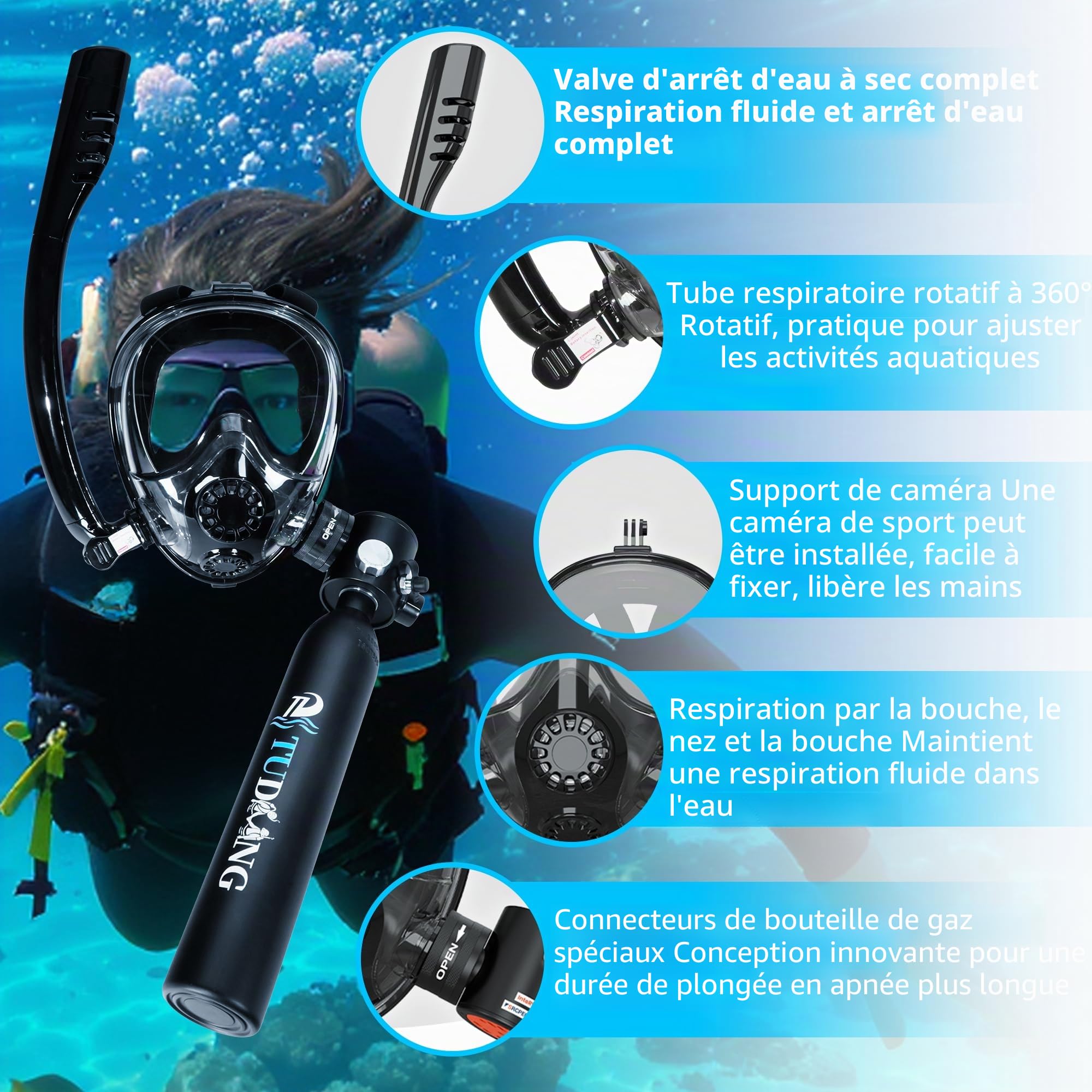 TUDIVING - Ensemble de Bouteilles de plongée sous-Marine de 0,5 L, Mini Bouteille d'oxygène avec compresseur, kit de plongée Portable de Voyage