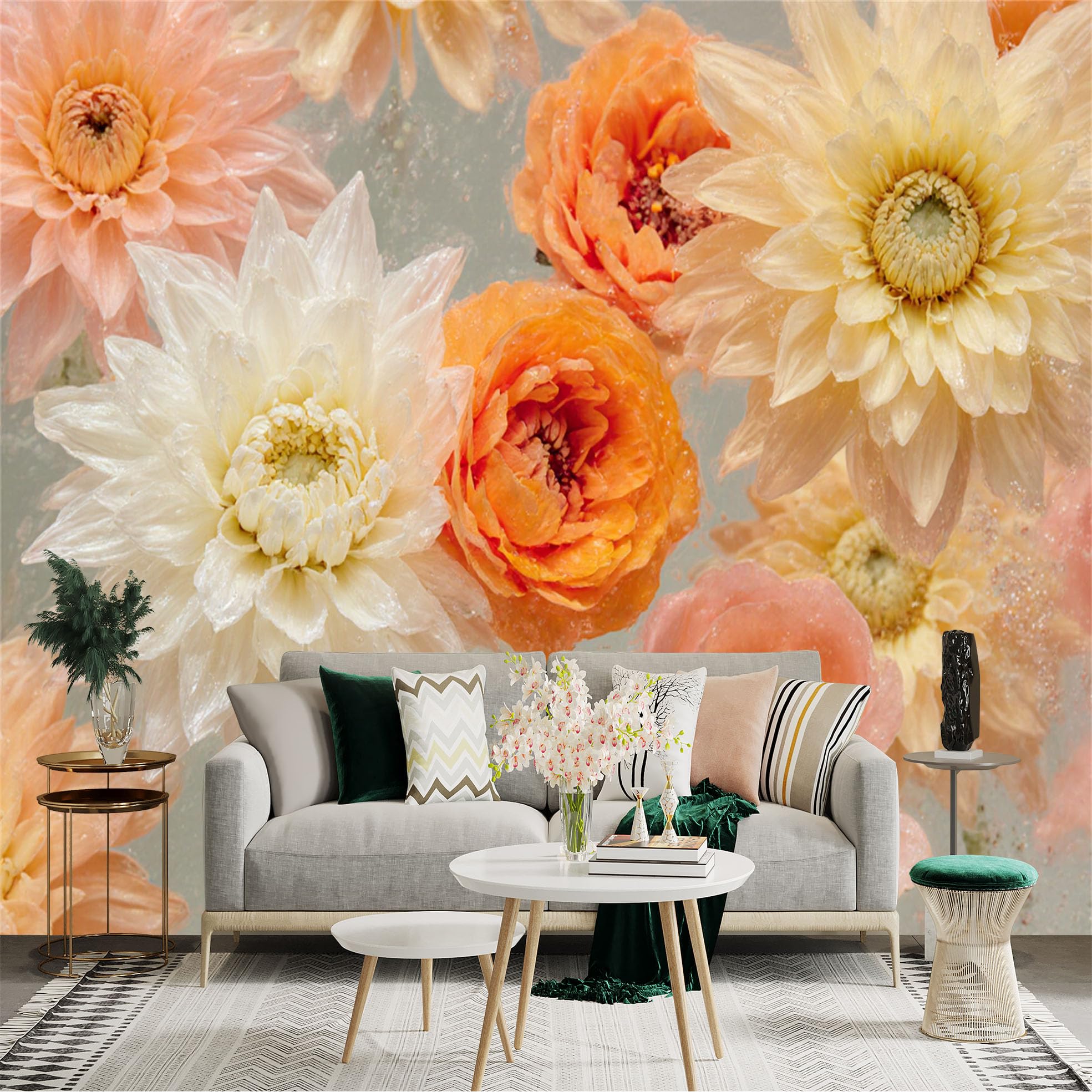 Custom Size Wall Sticker Mural， Vibrant Peony and Dahlia Flowers， Underwater Floral Art， Soft Pastel Petals， Blooming Botanical Prints， for wall Decoration， peelandstick wall Decals.