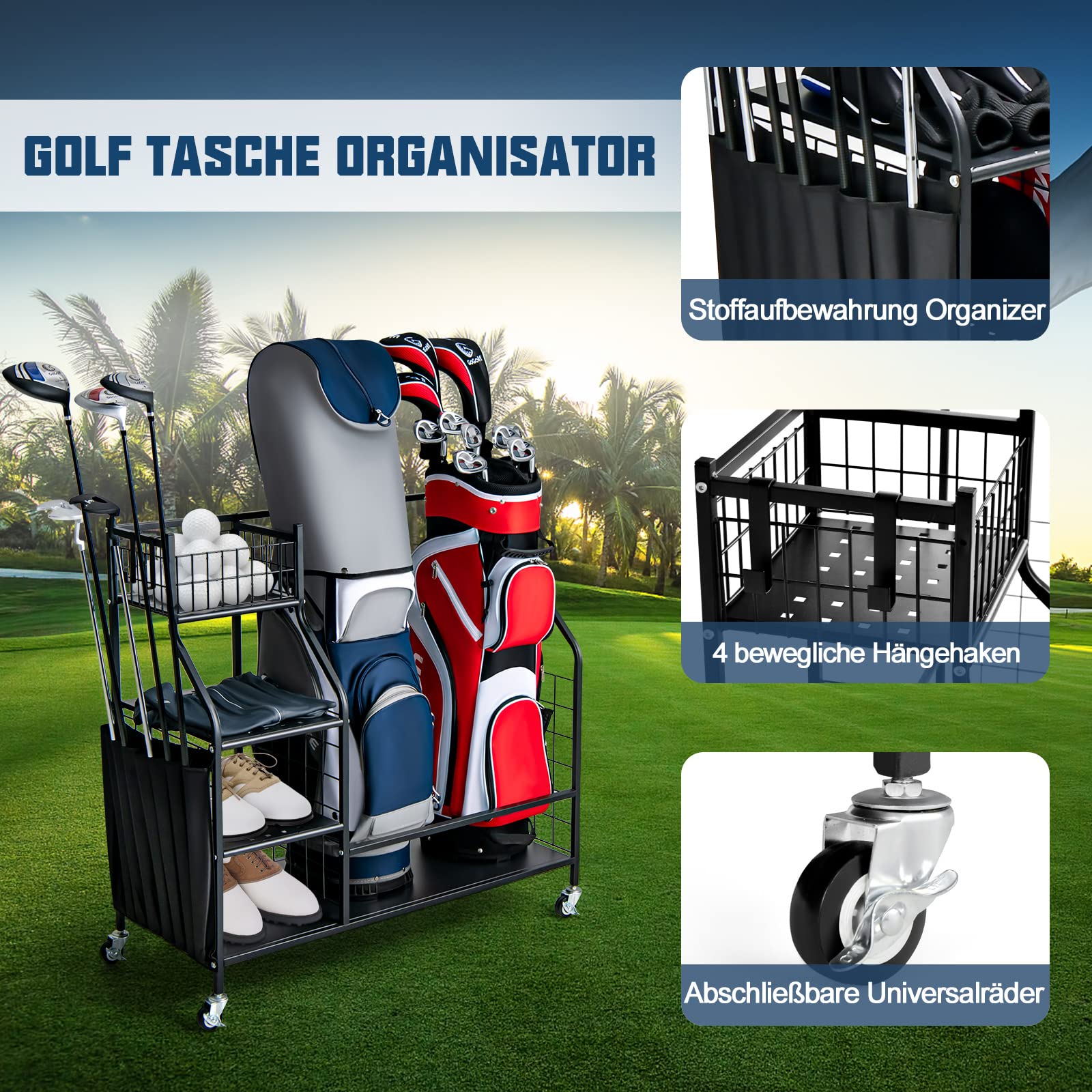 COSTWAY 4 in 1 Golf Organizer, Golfschläger-Organizer mit Rollen, für 2 Golftaschen & Golf-Zubehör, Golftaschenregal mit Haken & Korb für Golfbälle & 3 Ablagen aus Metall
