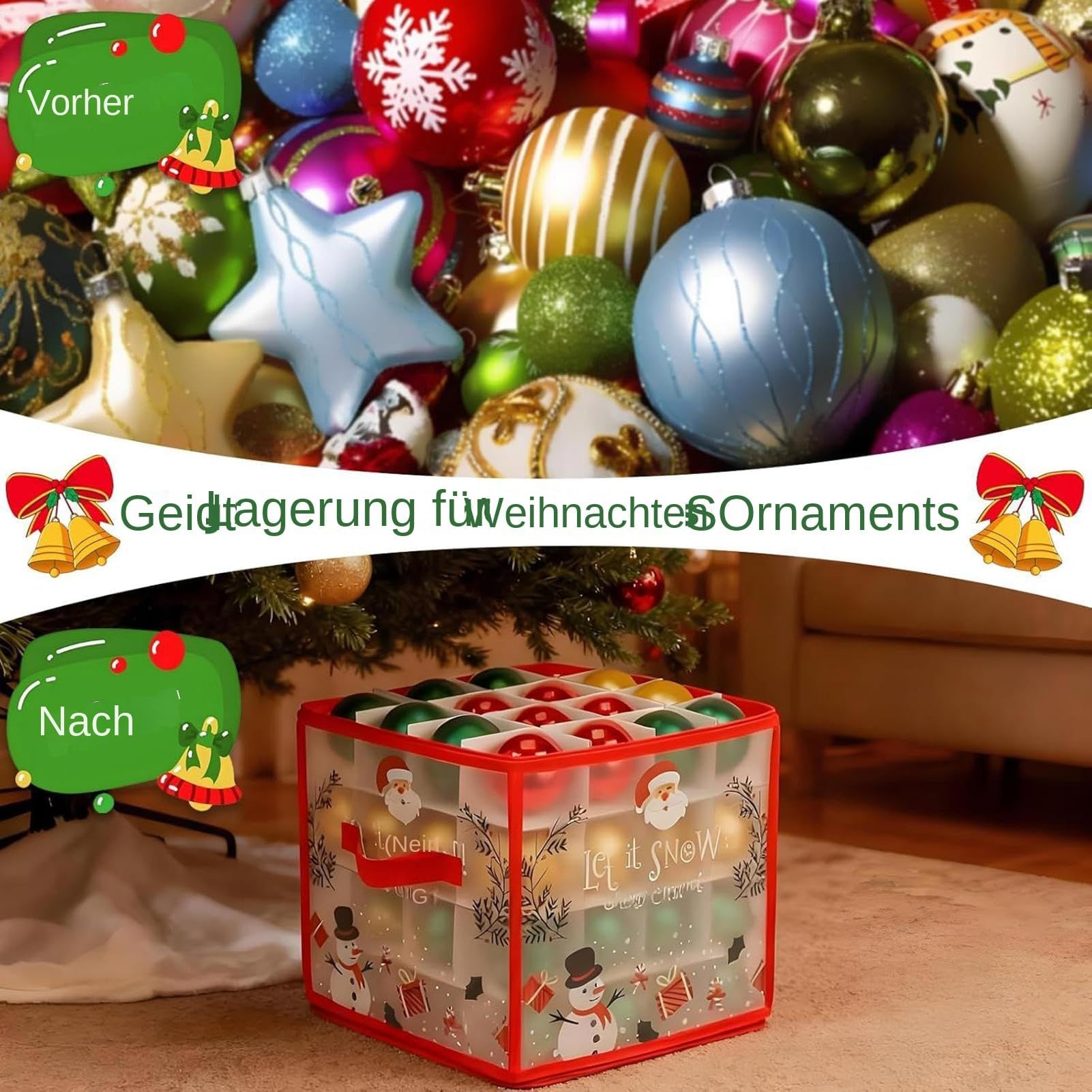 Ornament Aufbewahrungsbox mit Reißverschluss, Trennwänden, Deckel & Griff | Für 64 Kugeln, geeignet für Ferienhaus, Keller, Garage, Schrank, Studentenwohnheim