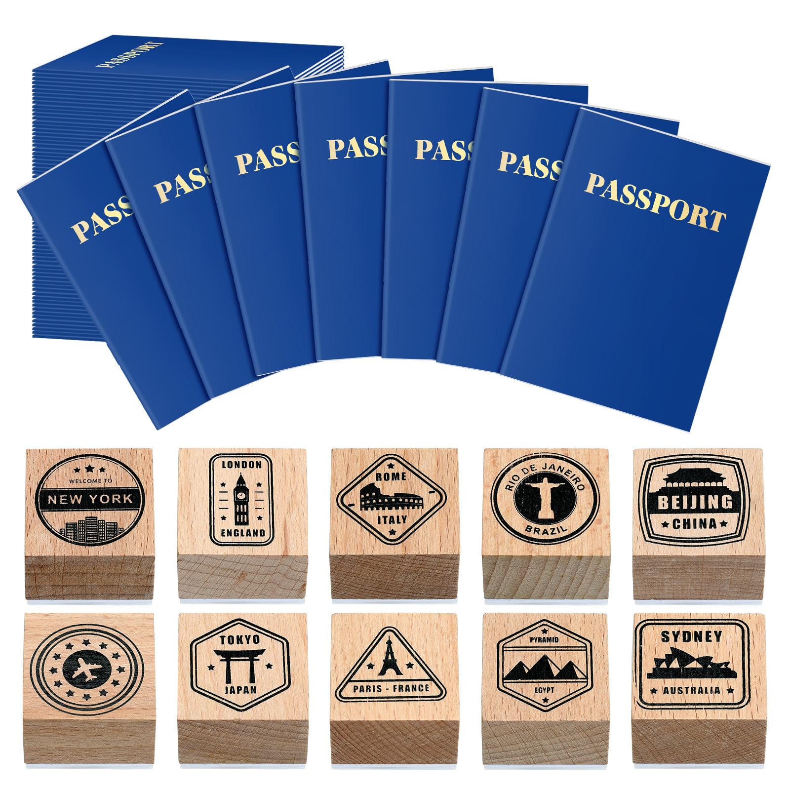 Noveread Passport Stampers Set 20 Pcs Blank Travel Fake Passport Notebook and 10 Pcs Wooden Stamps for Kid Pretend Travel Party Favors Collections Art Craft and Classroom School Projects