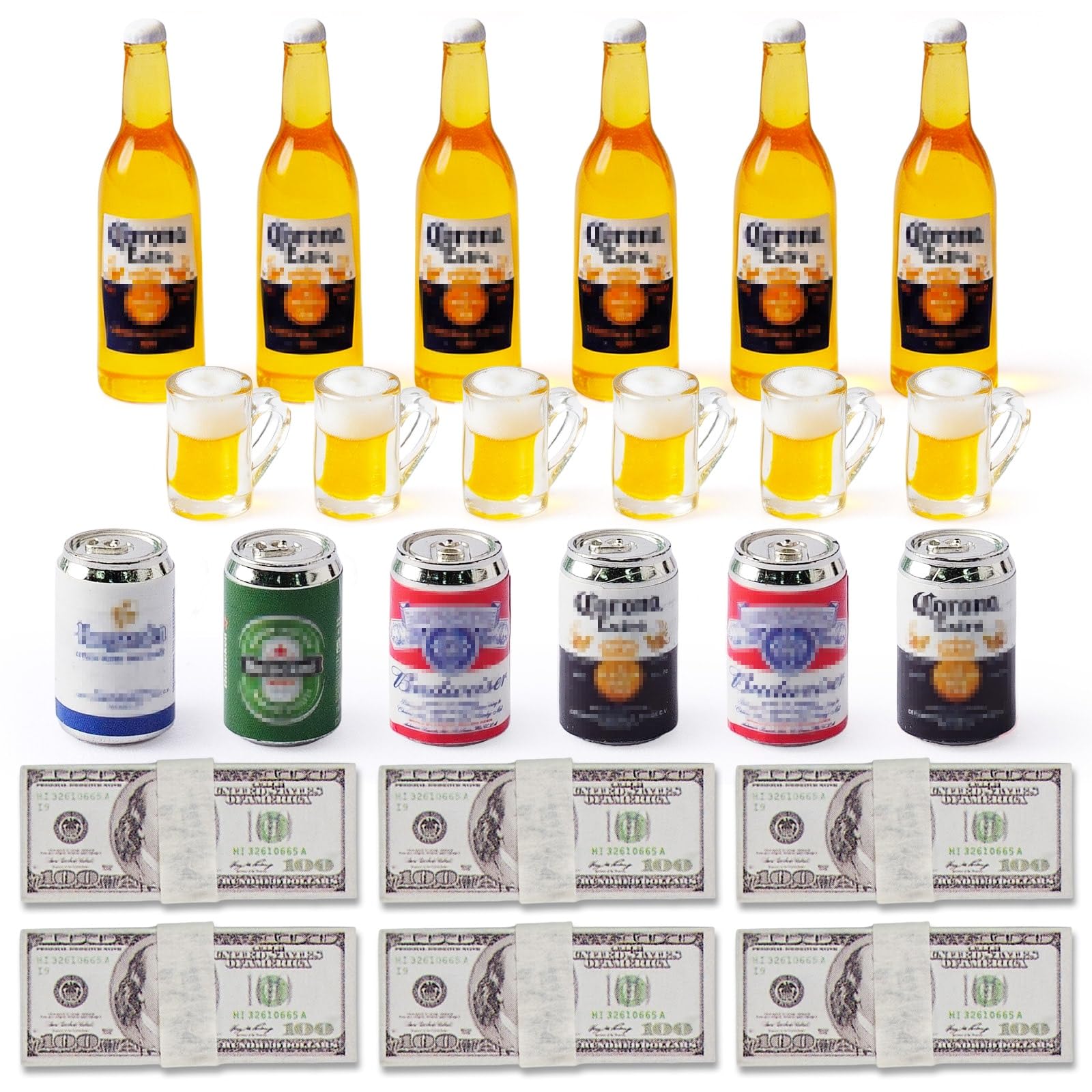 CHAMBERY 1:6 Scale Dollhouse Beer Bottles 6Pcs, Beer Mugs, Beer Cans and Dollar Bills 150Pcs, Miniature Alcohol Drinks for Crafts